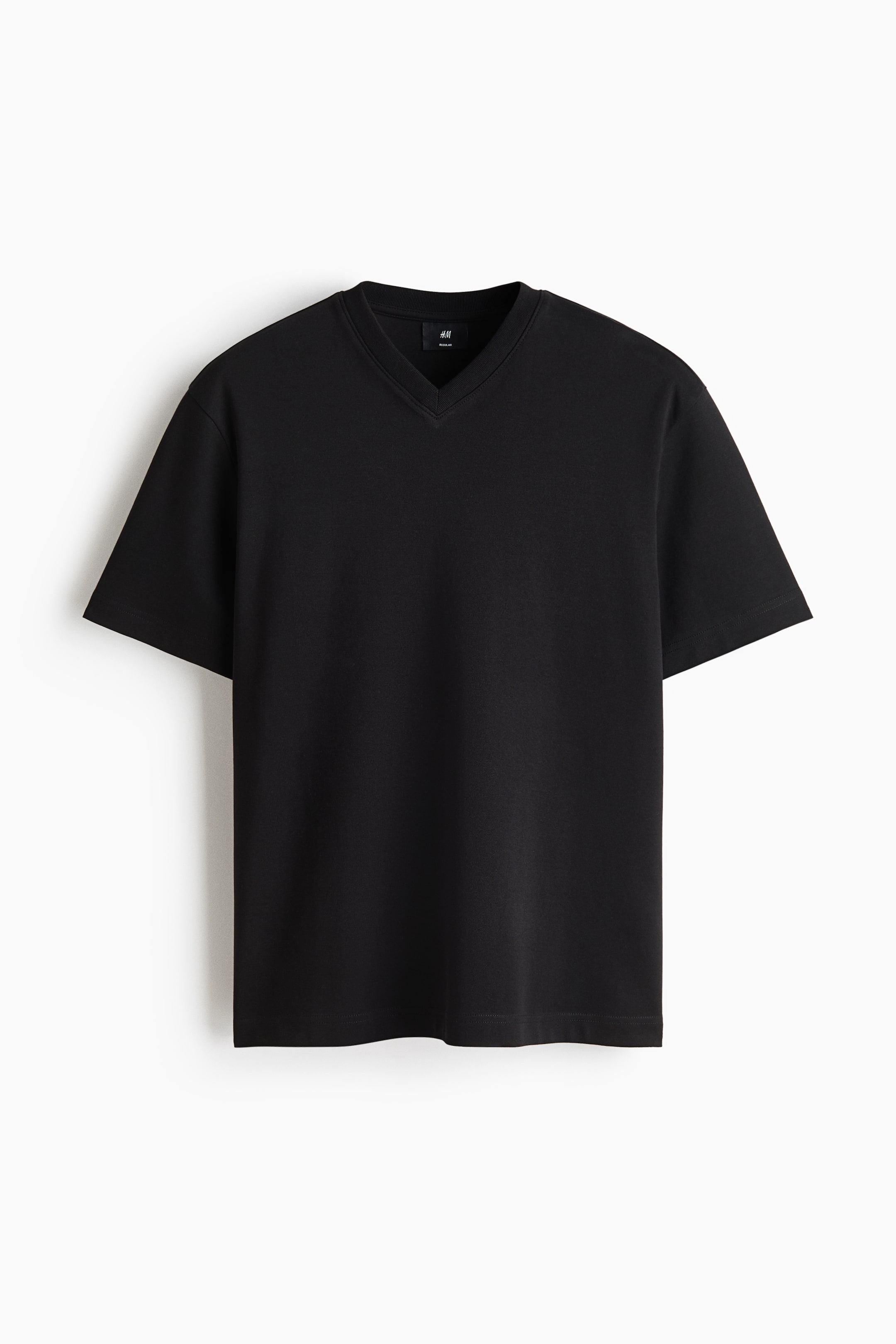 View larger image: A black V-neck T-shirt featuring short sleeves and a straight hem, shown from the front.