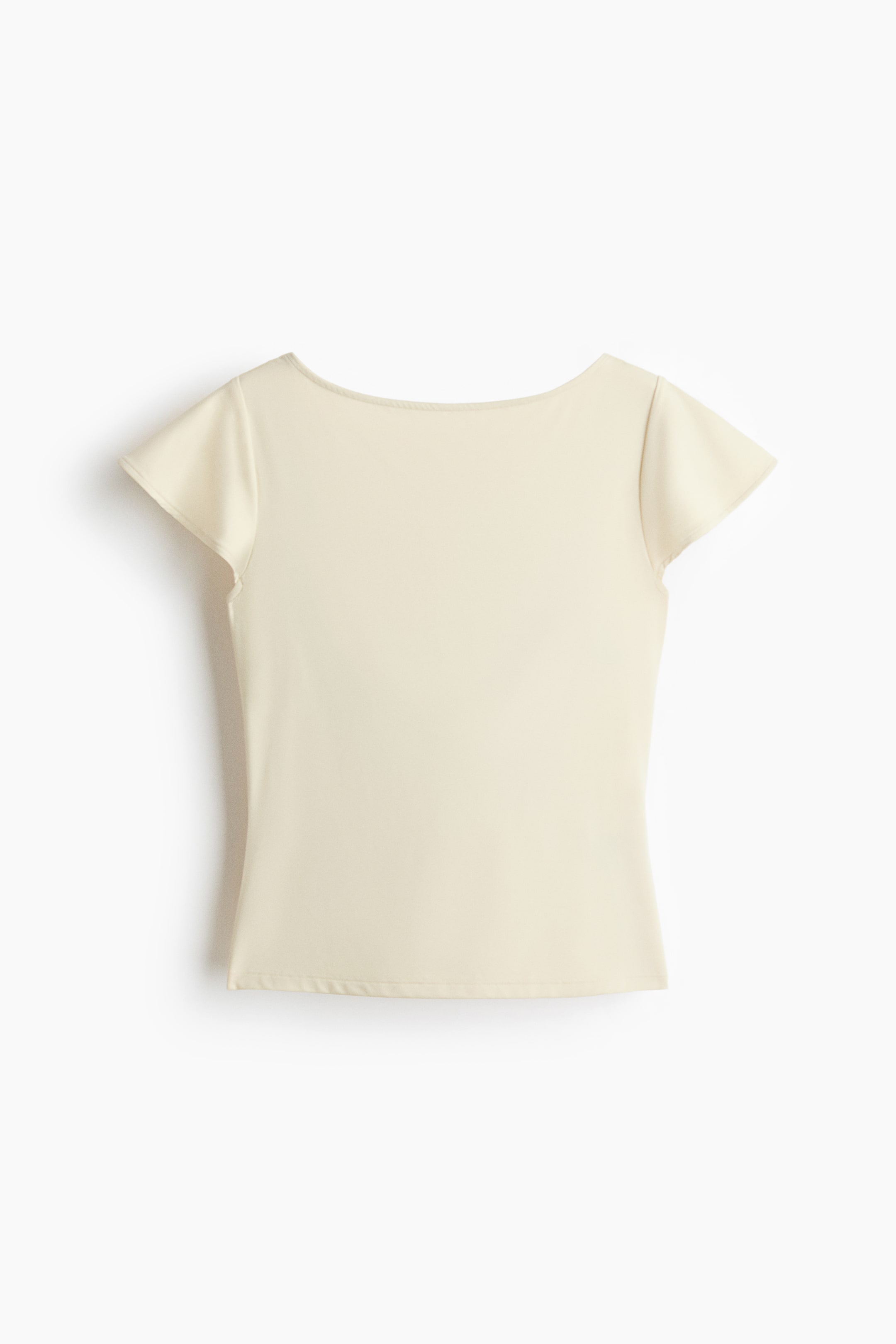 View larger image: A cream-coloured short-sleeve top featuring a wide boat neckline and a fitted silhouette, showcasing its back.