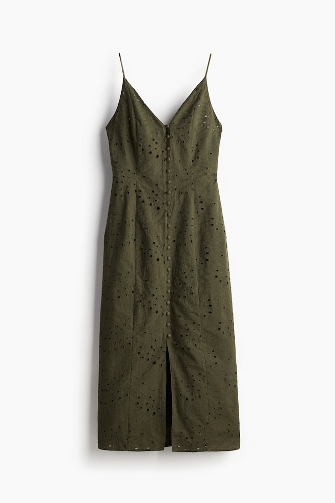 Vestido con botonadura frontal y bordado inglés - Verde caqui oscuro - 1
