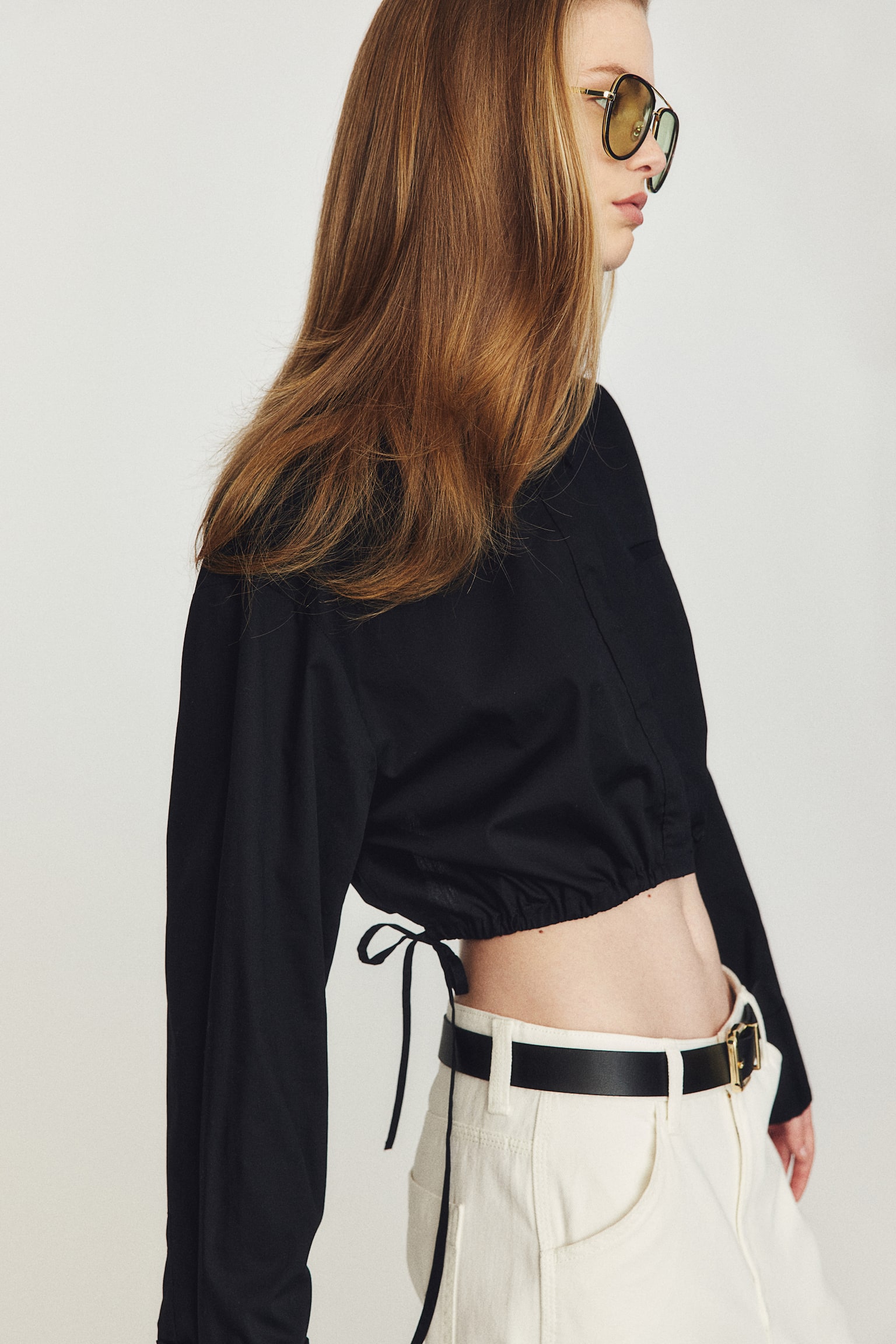 Cropped drawstring-detail shirt - Black/White - 5