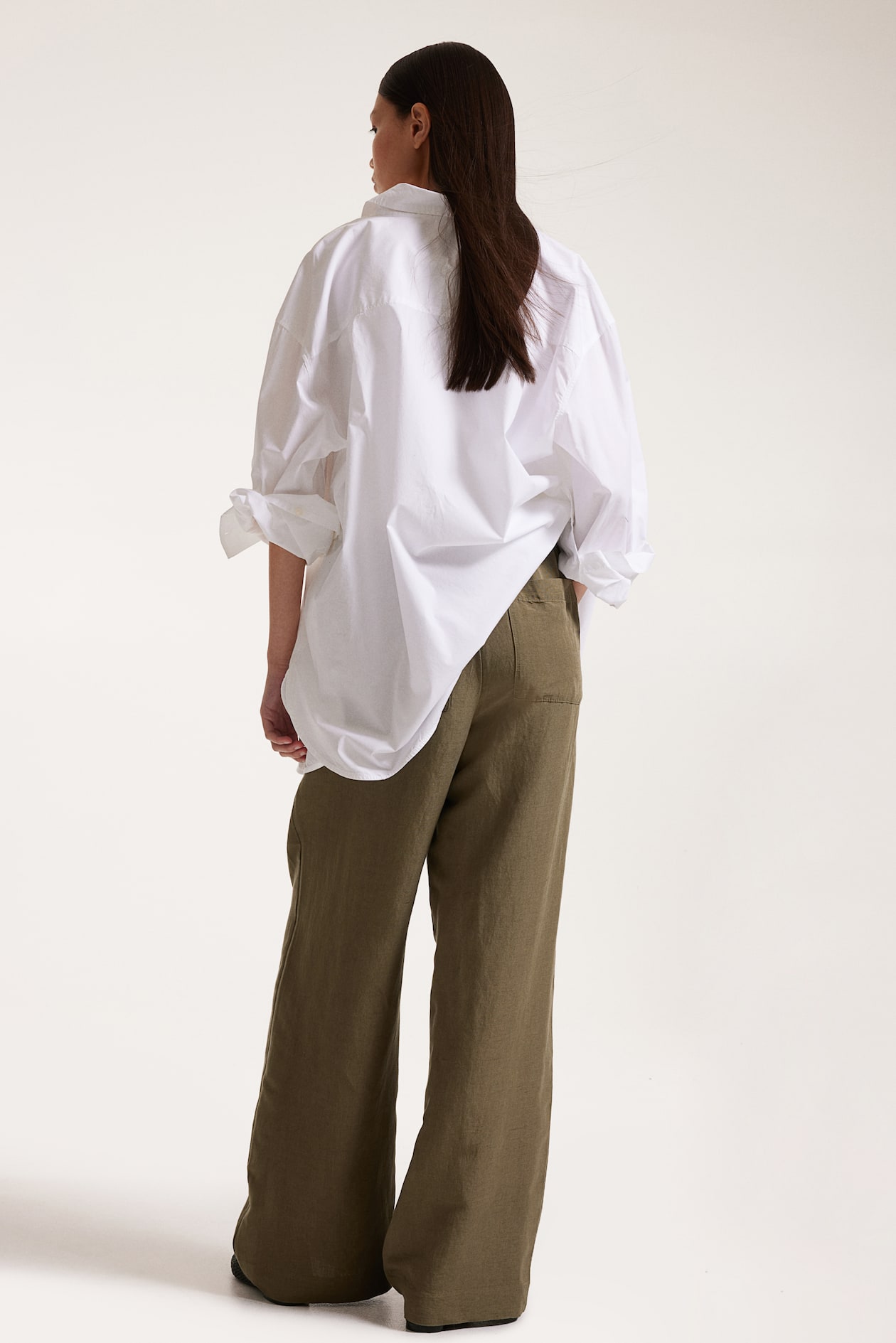 Linen-blend Pants - Regular waist - Long - Dark khaki green - Ladies ...