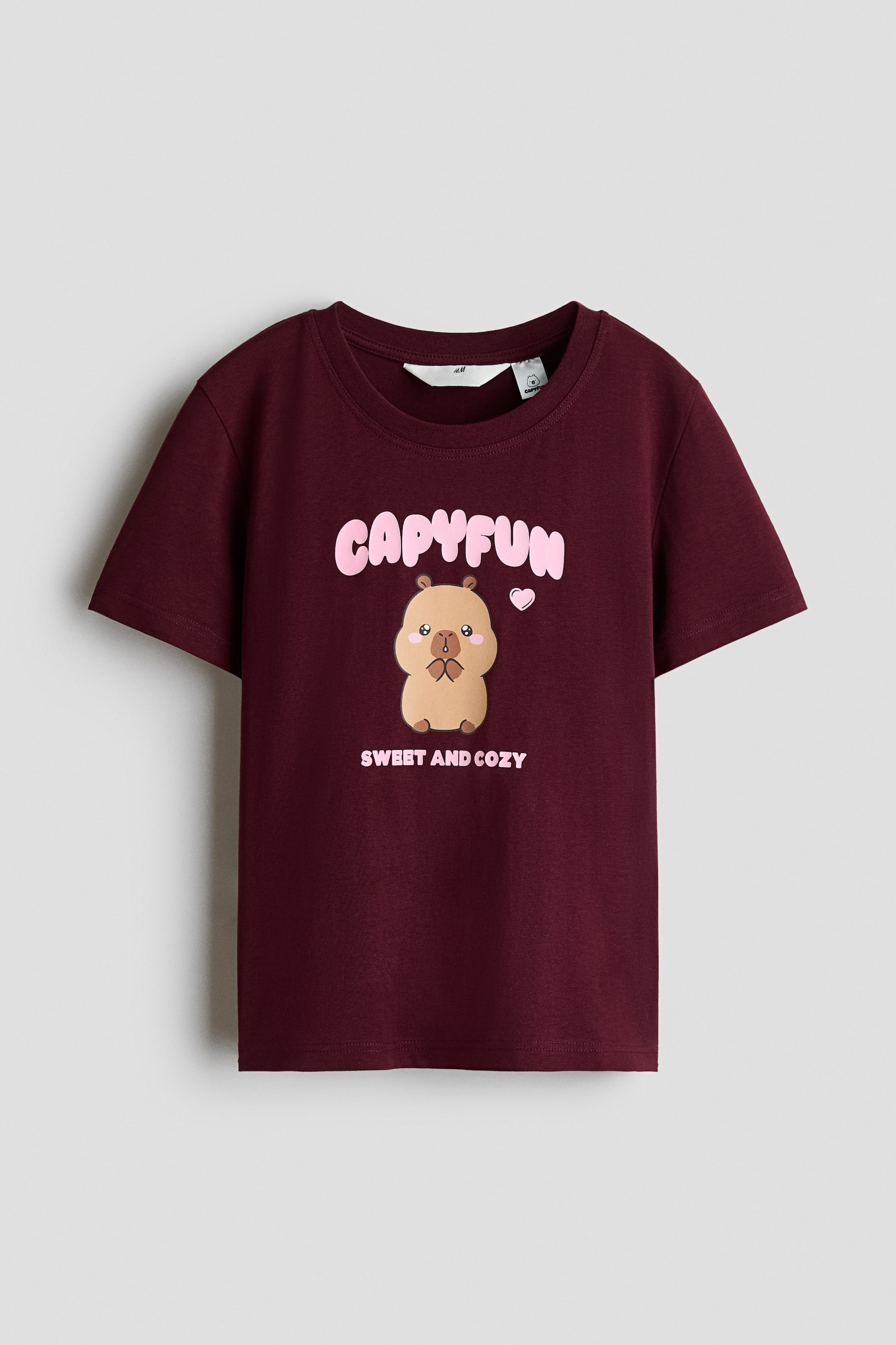 View larger image: A maroon, short-sleeved crew-neck t-shirt features a front-facing graphic of a cartoon capybara with pink cheeks and a small pink heart. The graphic is flanked by bubbly pink text reading "CAPYFUN" above and "SWEET AND COZY" below.