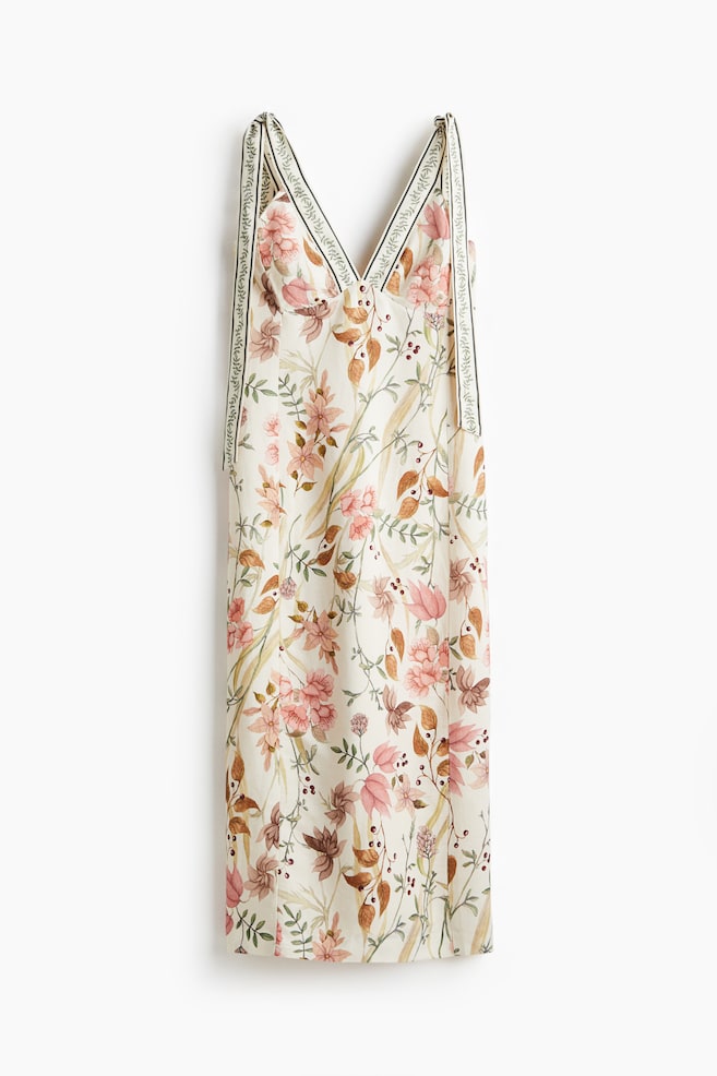 Vestido en mezcla de lino con tirantes de lazo - Crema/Floral - 1