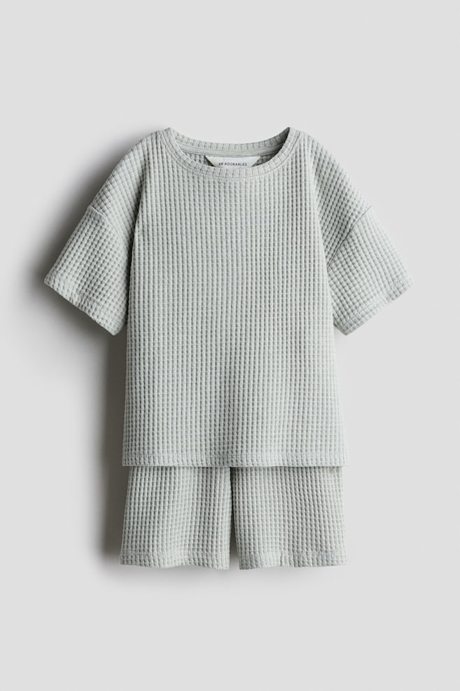 2-Piece Waffled Jersey Set - Light dusty green/Light blue/Brown - 1