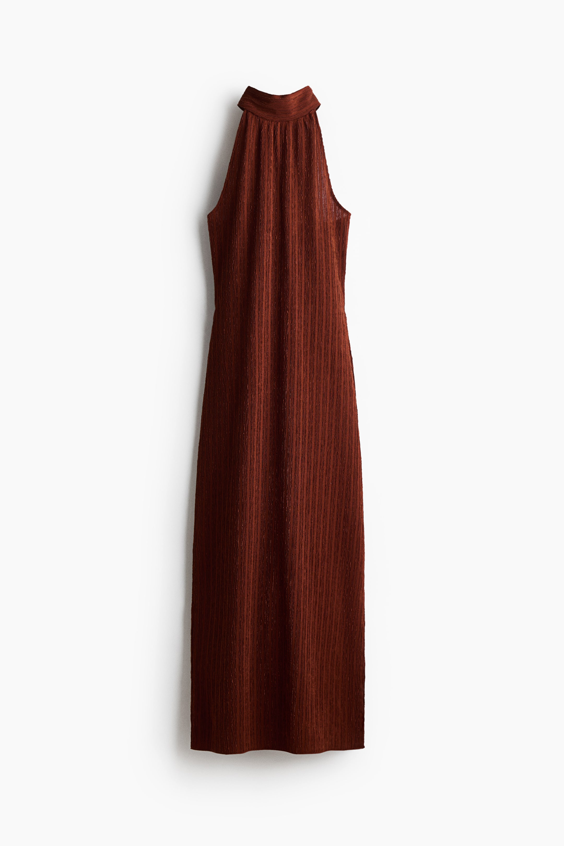 View larger image: A rust-brown dress featuring a high halter neckline with a standing collar. The dress boasts a finely ribbed texture and a straight, sleeveless silhouette.