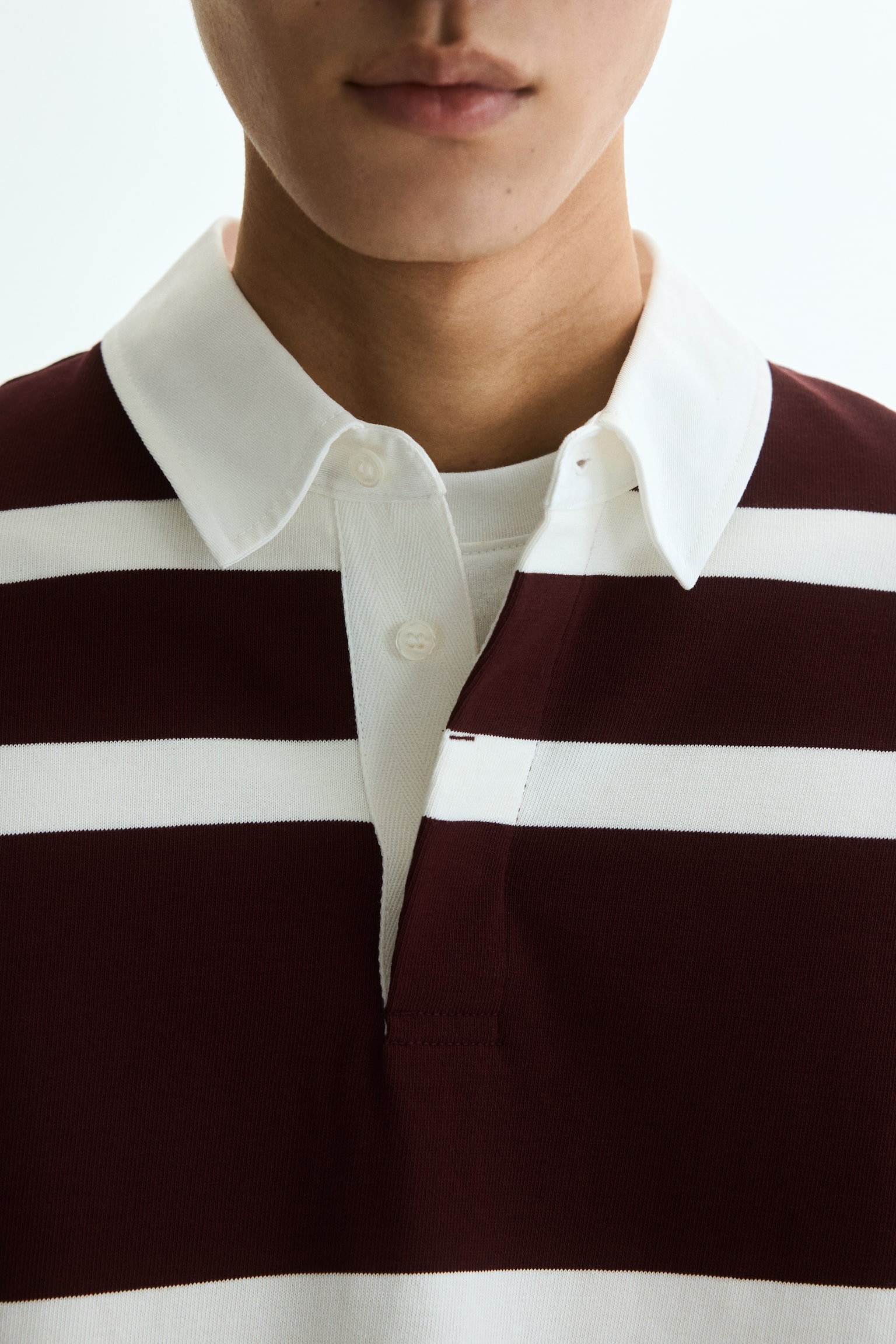 Мужская рубашка H&M Loose-Fit Cotton Rugby, цвет: Бордовый / Полосатый — фото 3