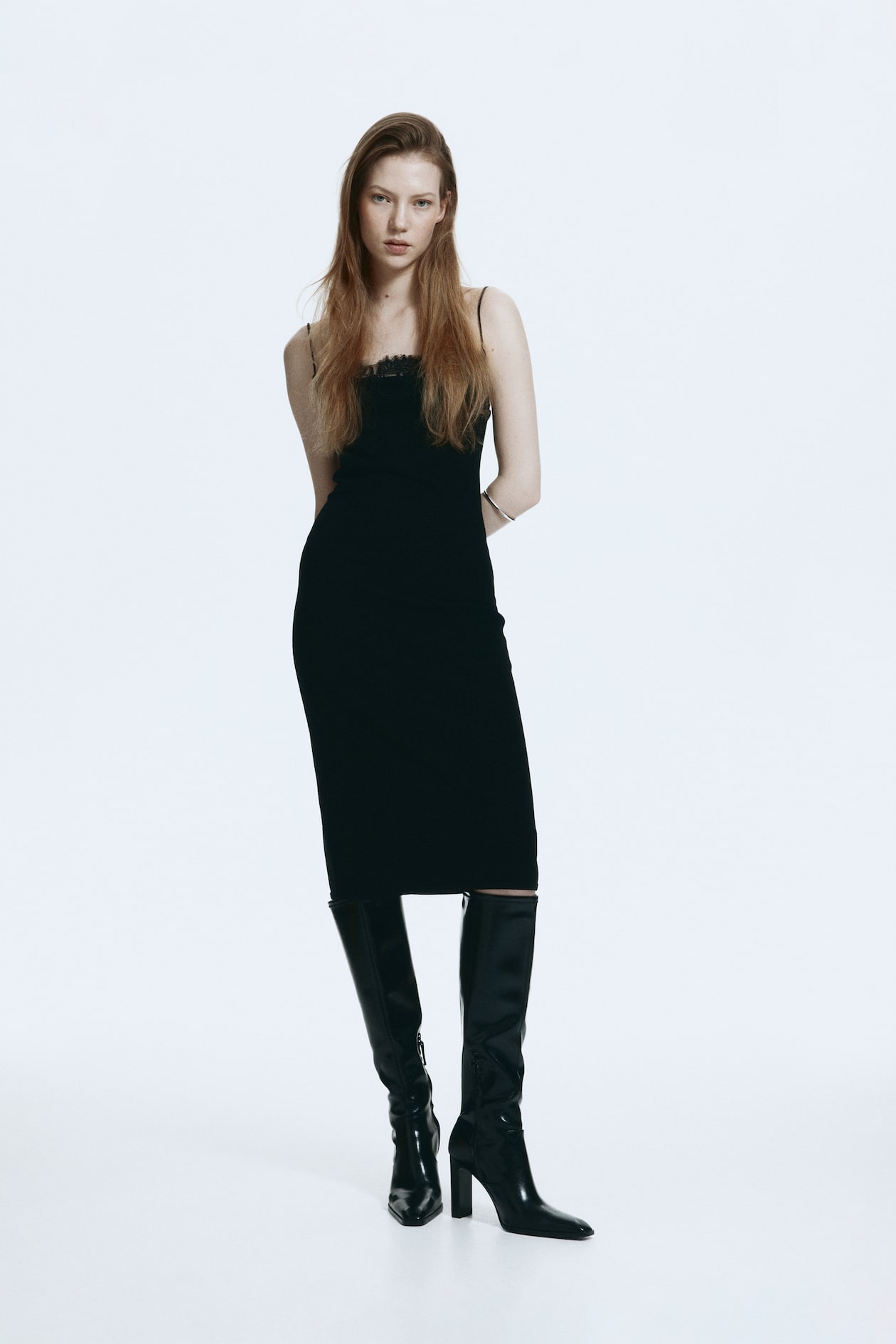 black lace dress h&m Women's Black Lace-Detail Linen-Blend Dress