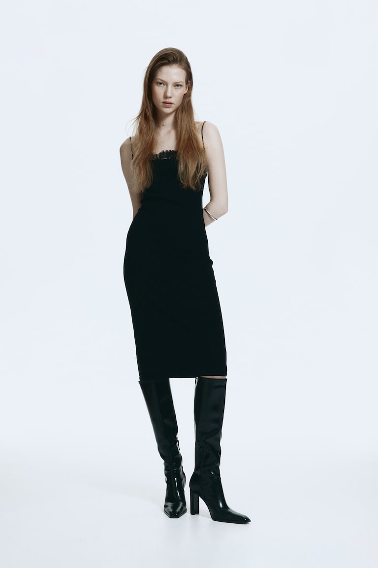 h&m lace up dress Women's Dark brown Lace-Trimmed Slip Dress
