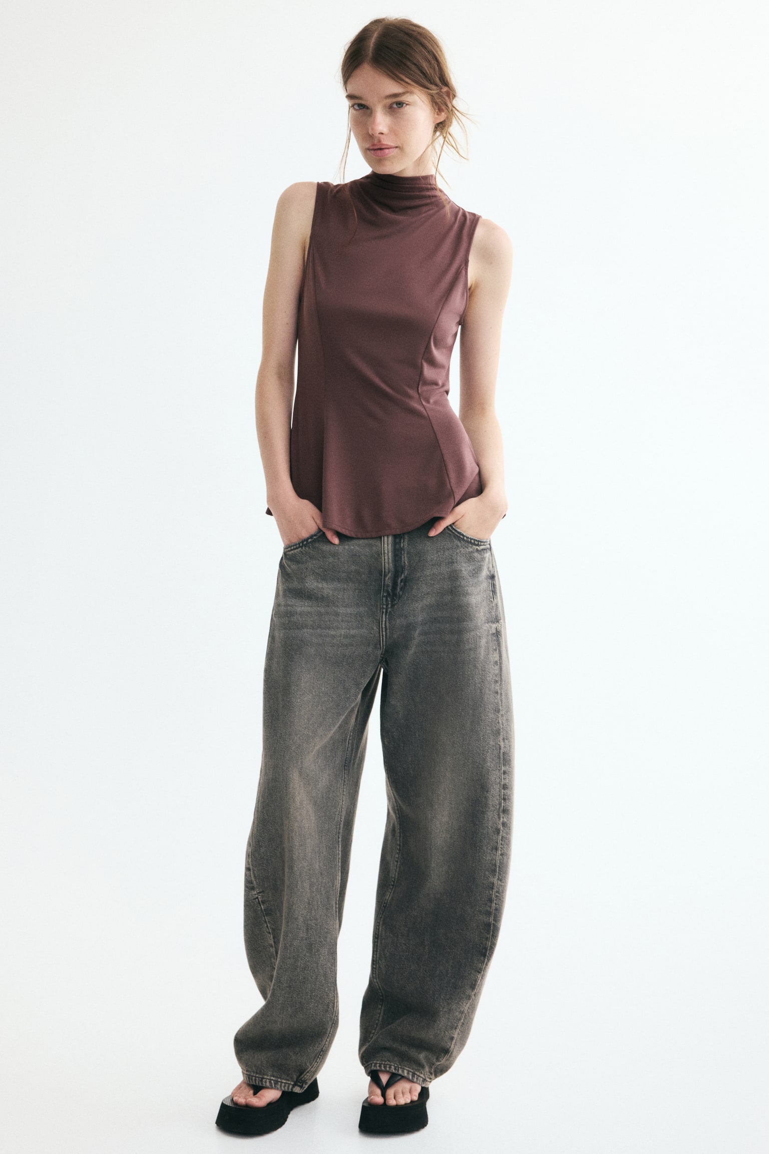 Modal-blend turtleneck top - Dark brown/Dark grey - 1