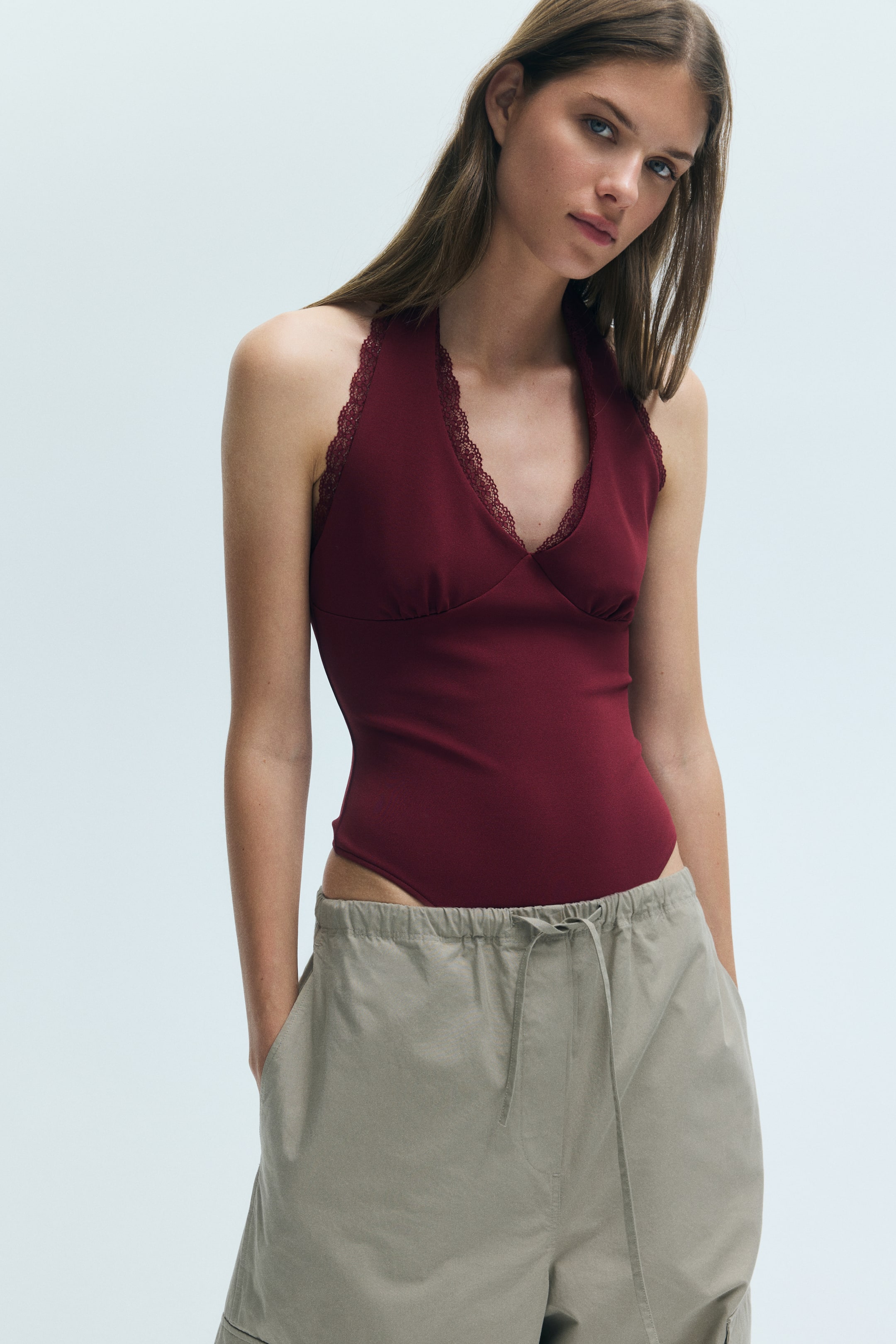 View larger image: Lace-trimmed halterneck body - Plum red - Ladies | H&M 1