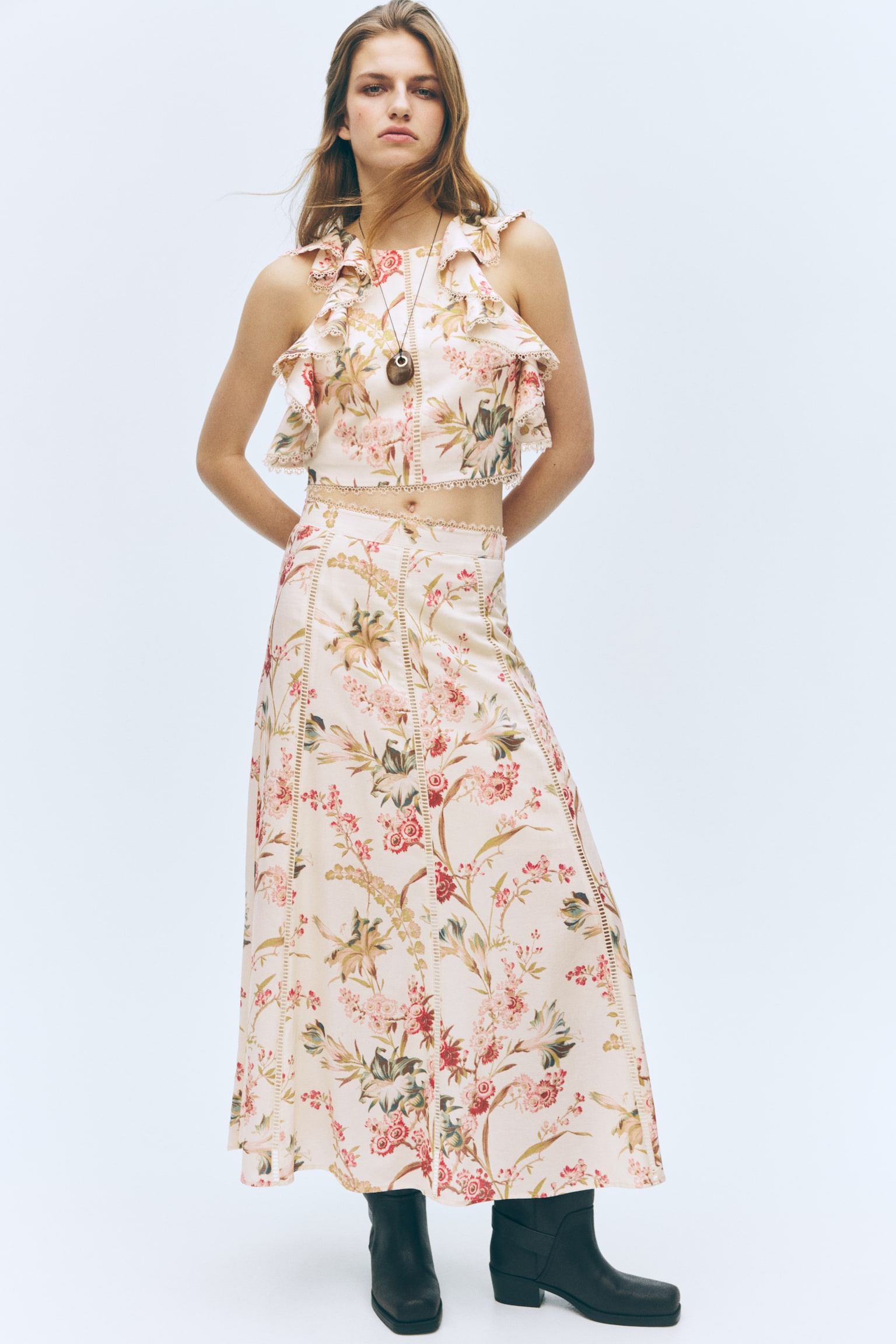 Sleeveless linen-blend top - Light beige/Floral - 4