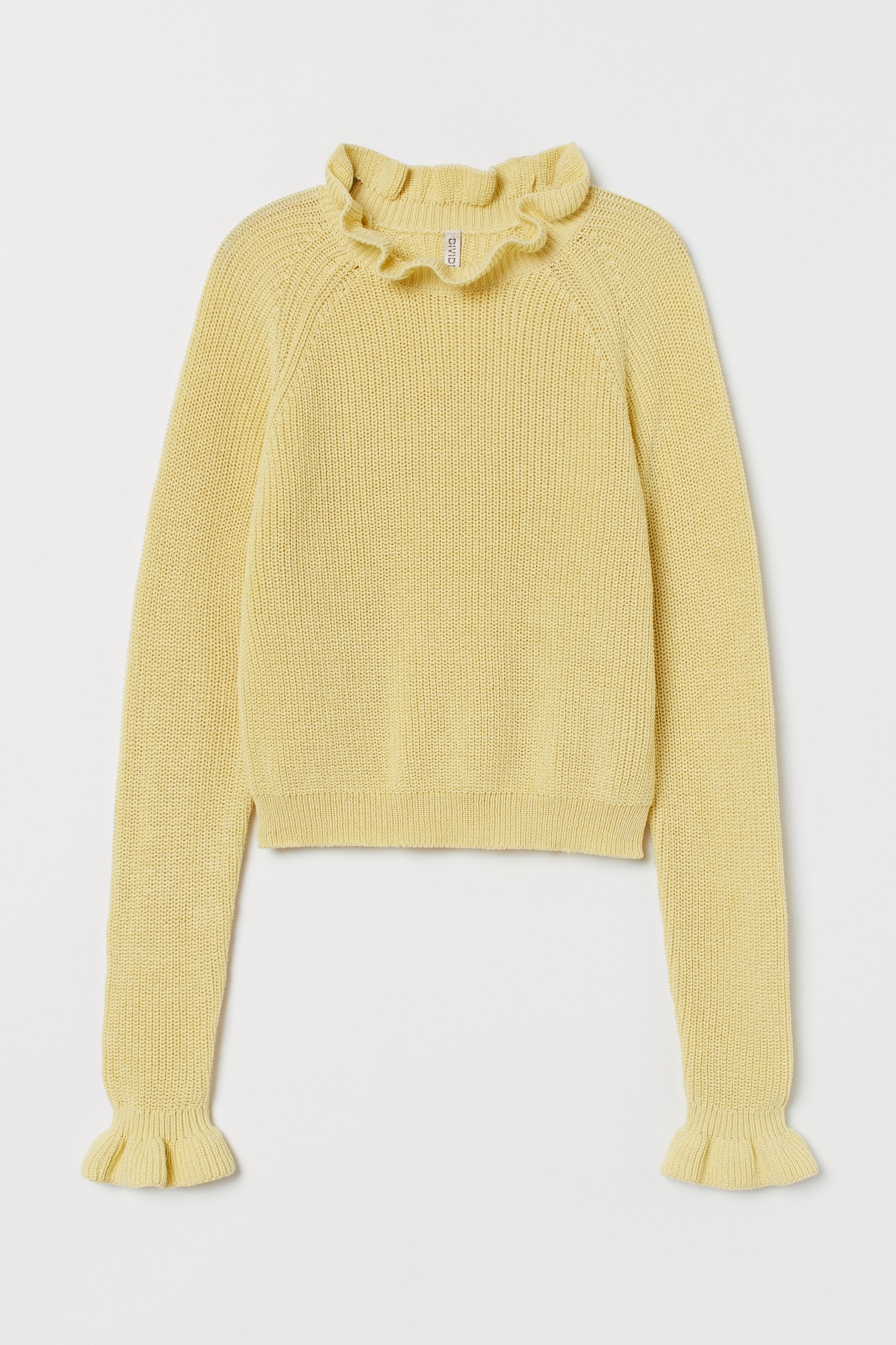 Frill-trimmed ribbed jumper Light yellow Ladies H&M HK