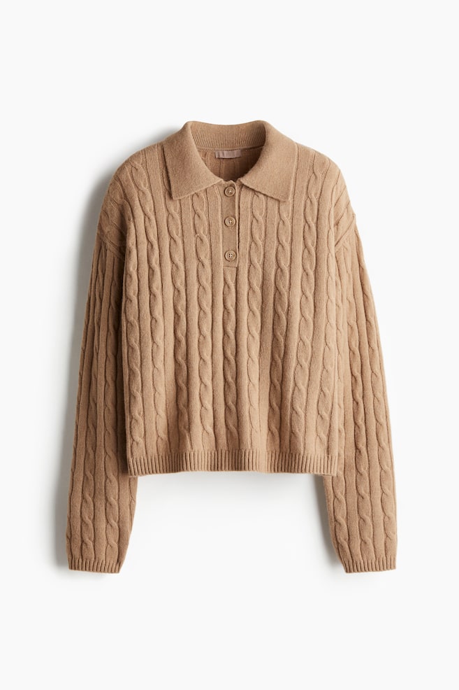 Cable-knit polo jumper - Dark beige - 1