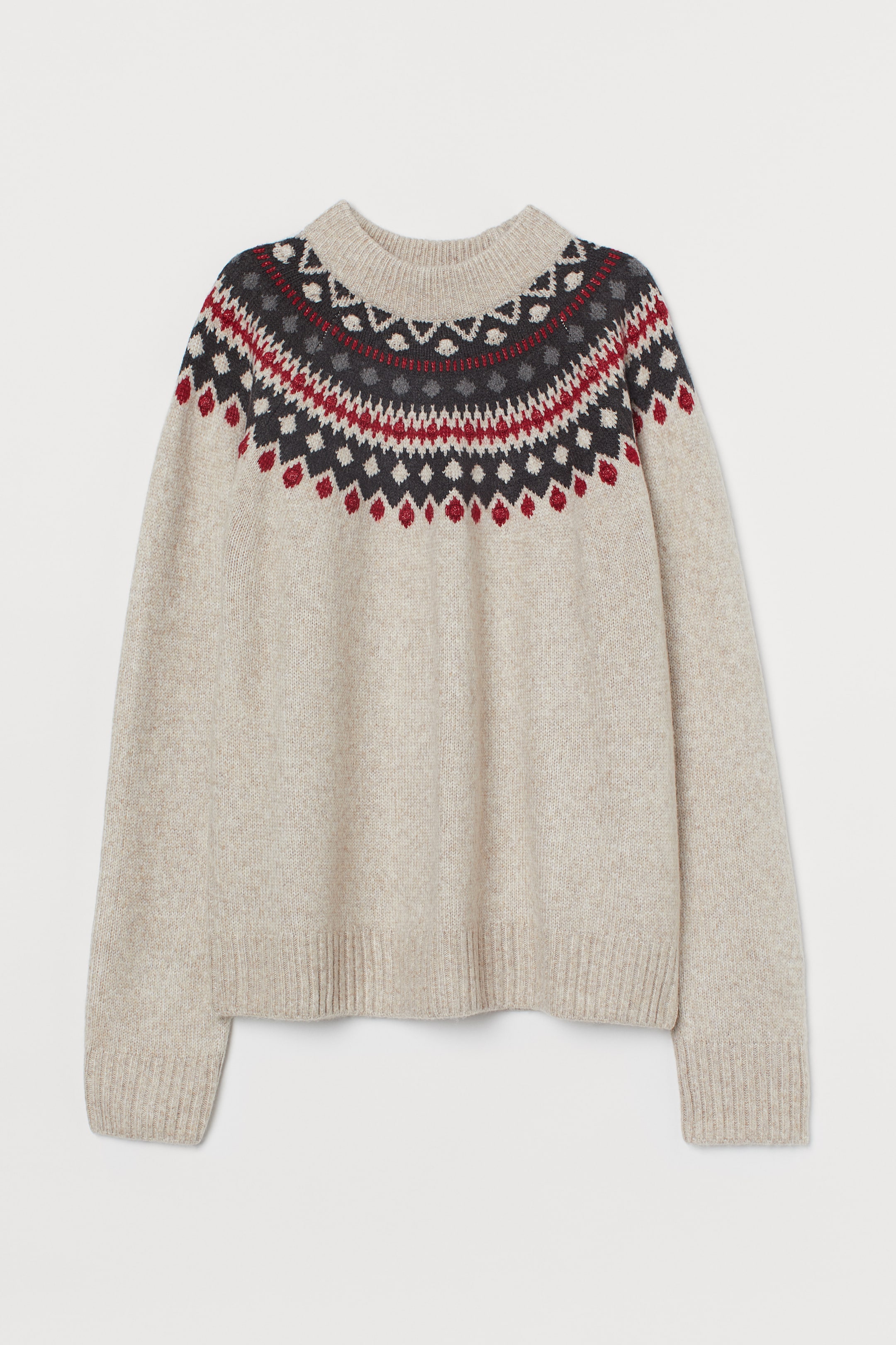 Jacquard-knit jumper - Round neck - Long sleeve - Light beige - Ladies ...