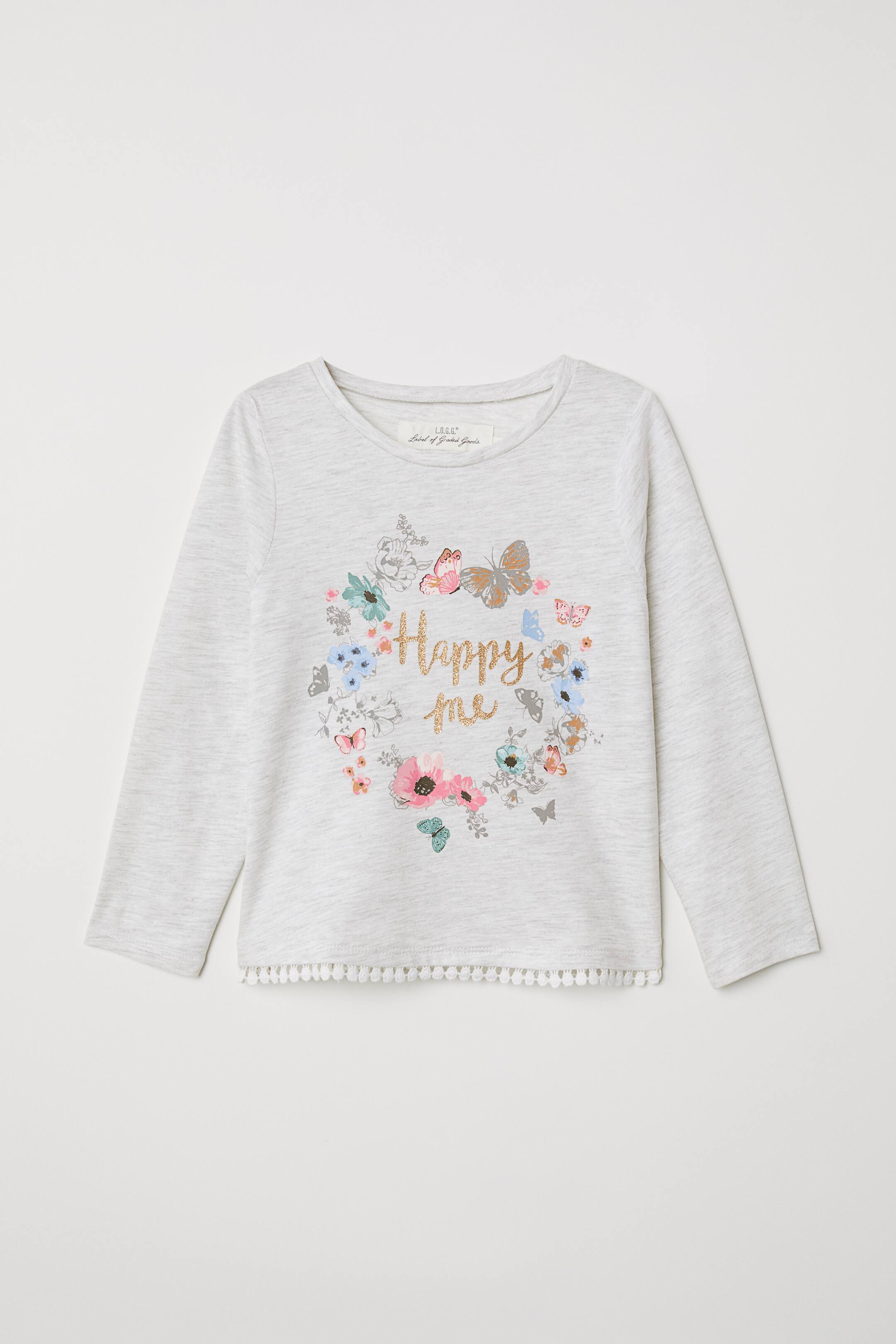 Printed jersey top - Long sleeve - Light grey marl/Butterflies - Kids ...