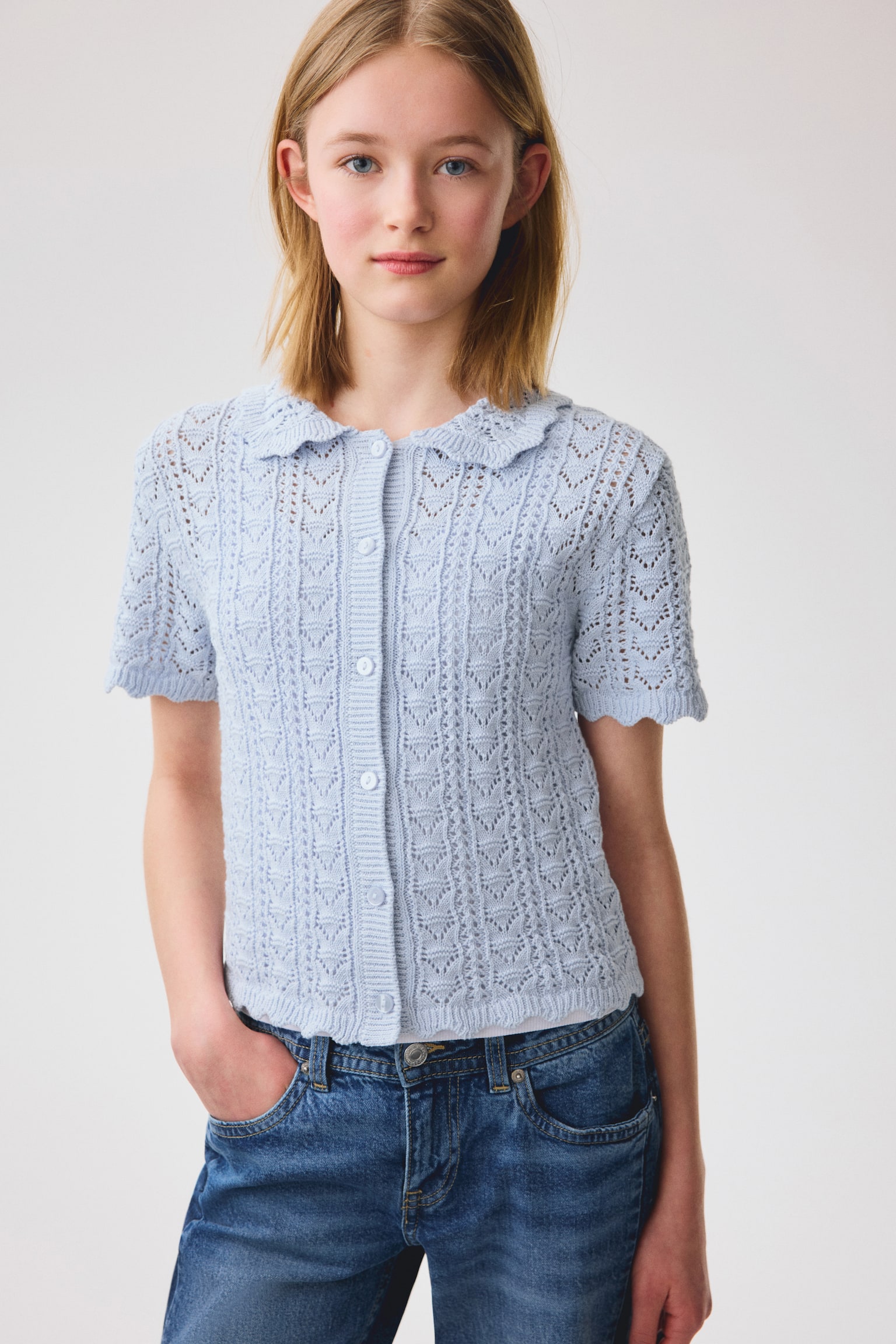 Crochet-look short-sleeved cardigan - Light blue/Cream - 5