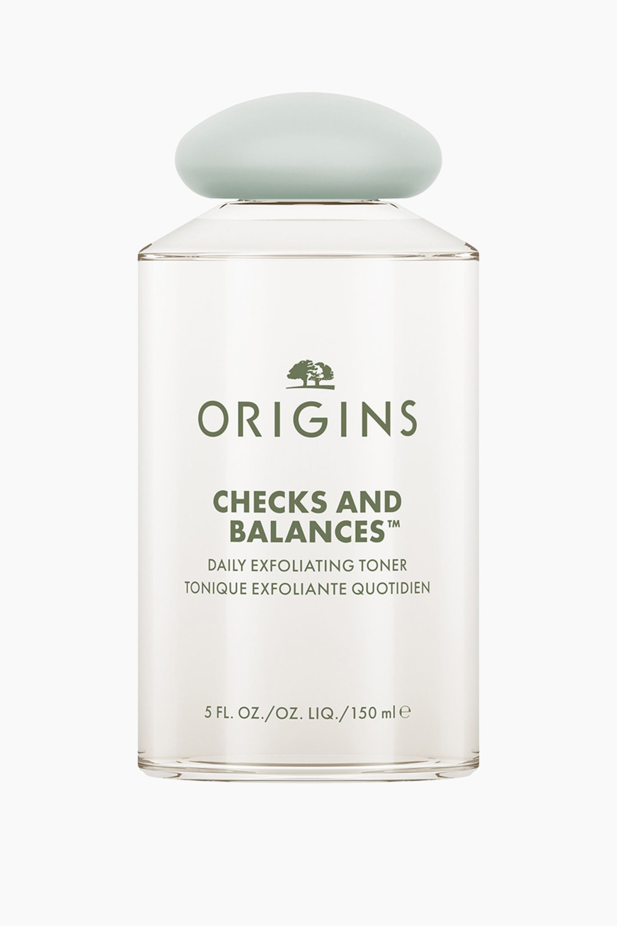 Näytä suurempi kuva: Origins Checks and Balances Daily Exfoliating Toner seisoo pystyasennossa, eteenpäin suunnattuna. Se on kirkas sylinterimäinen pullo, jossa on vaaleanvihreä, pyöreä korkki. Pullon etupuolella on tuotteen nimi ja tiedot painettu tummanvihreällä.