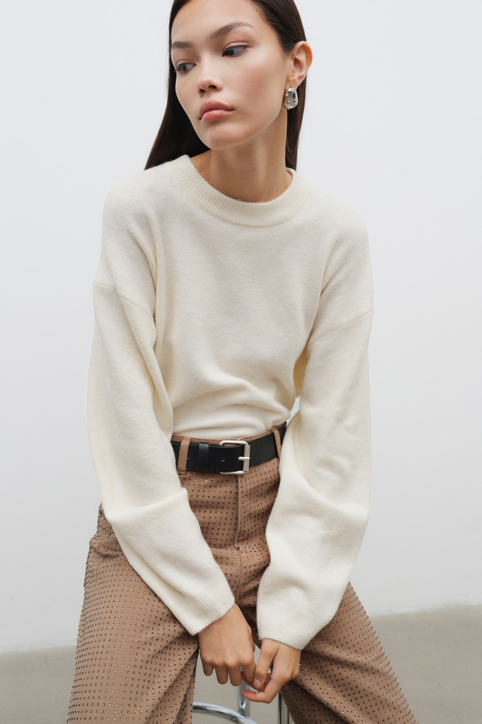 Knitted jumper - Cream/Black/Dark grey marl/Red/Light beige marl/Cream/Black striped - 1