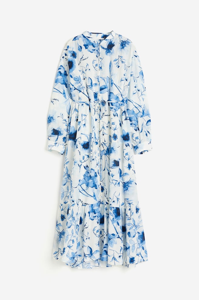 Kreszowana sukienka oversize - Biały/Niebieskie kwiaty - 2