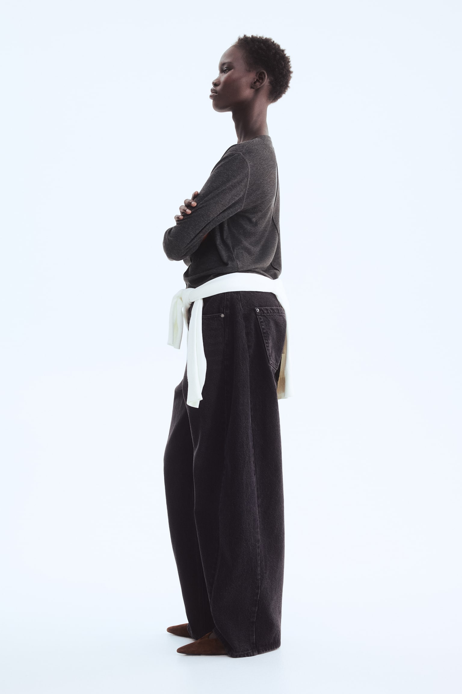 Long-sleeved top - Dark grey marl/Beige marl/Brown - 1