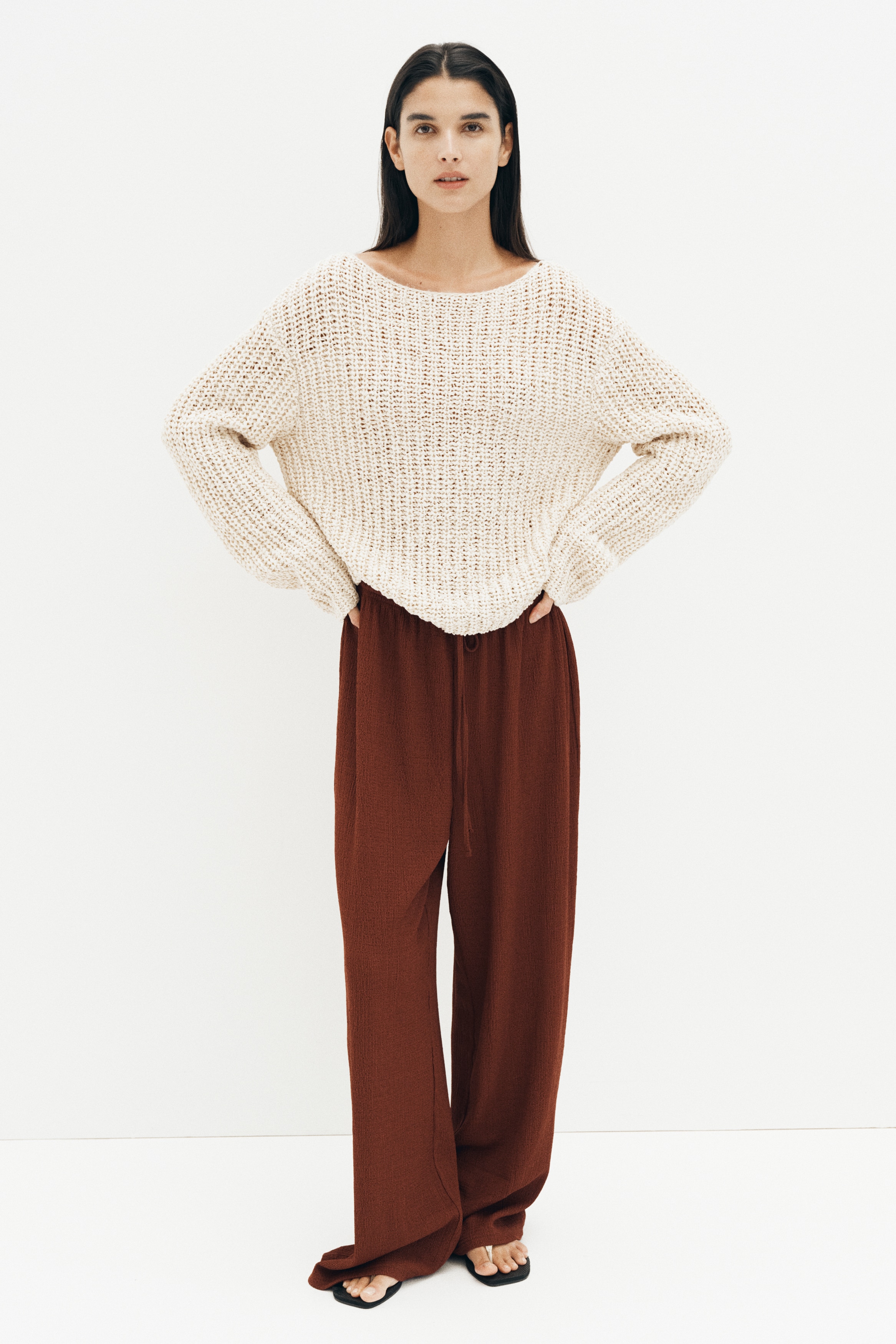 Drawstringbroek met textuur - Roestbruin/Roomwit/Zwart