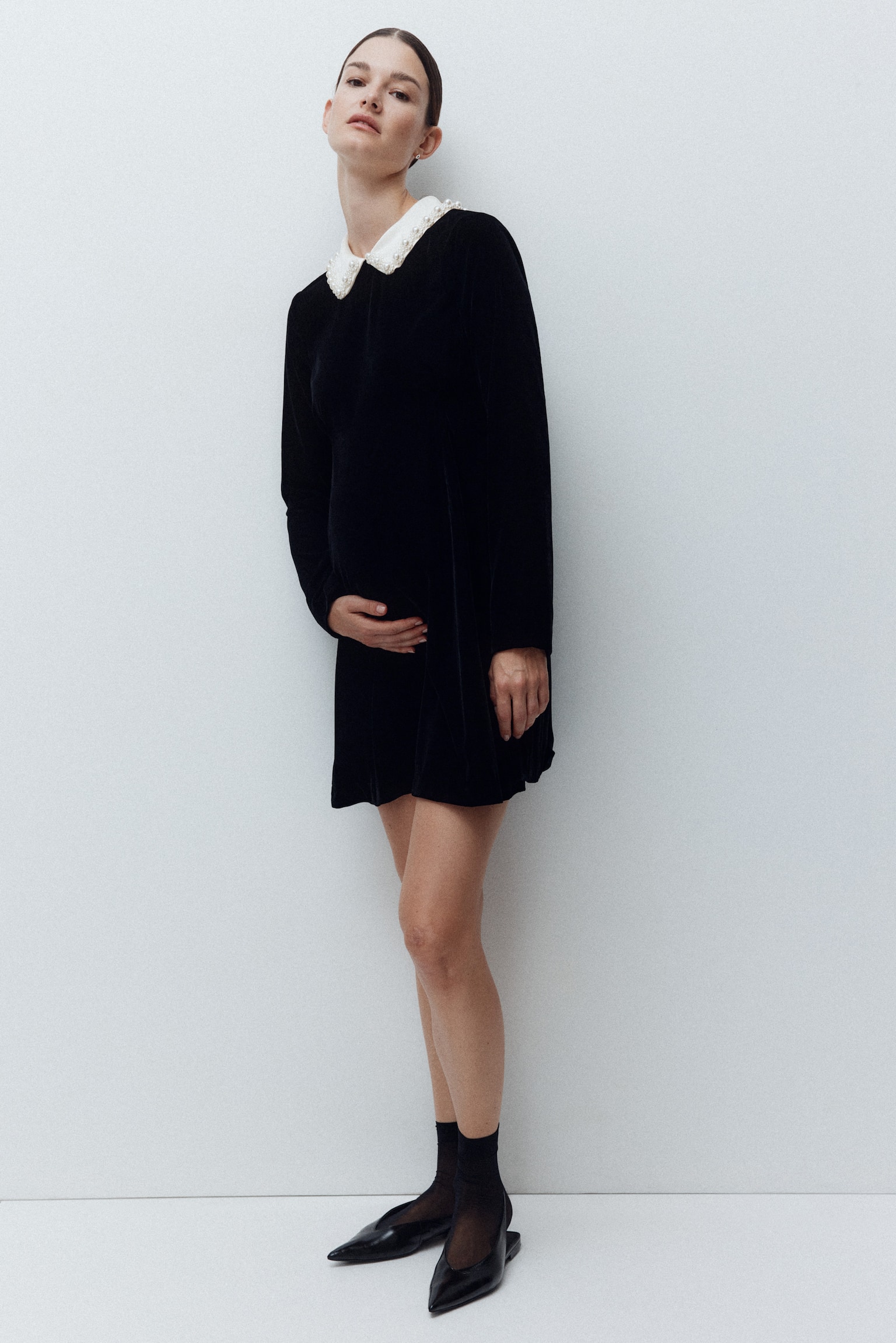 MAMA Collared velvet dress - Black/Cream - 4