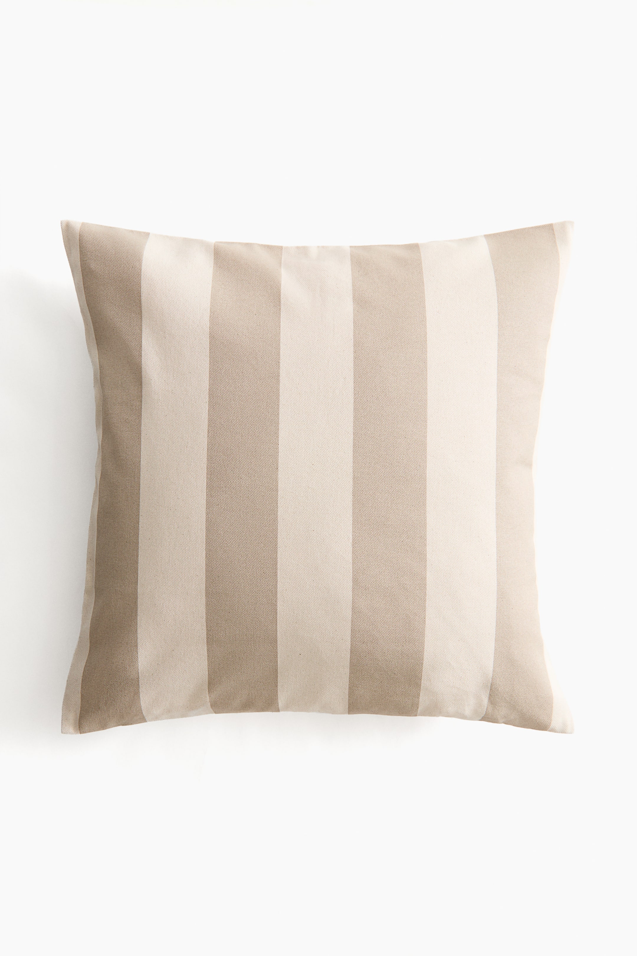 View larger image: The pillow is shown in a front view, showcasing a square shape with vertical stripes in alternating light beige and tan hues. The fabric displays a subtle woven texture.