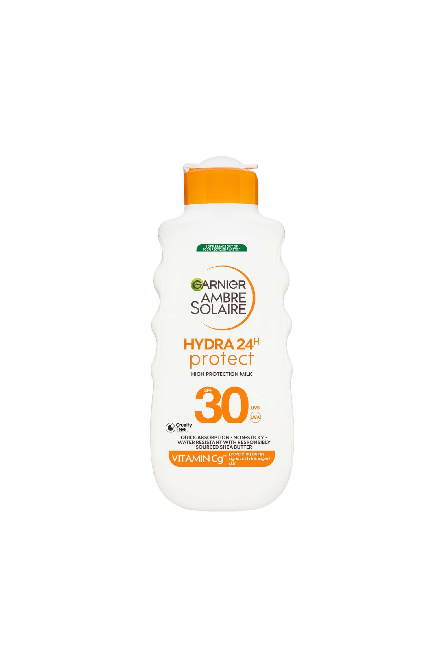En vit flaska Garnier Ambre Solaire Hydra 24H Protect solskydd stÃ¥r upprÃ¤tt och visar upp ett ljusorange flip-top-lock samt profilerade, vÃ¥gformade sidor. FrÃ¤mre etiketten visar den orange och svarta varumÃ¤rkesprofilen, en stor orange â30â som anger SPF, samt text som beskriver dess vattenresistenta och Ã¥terfuktande formula.