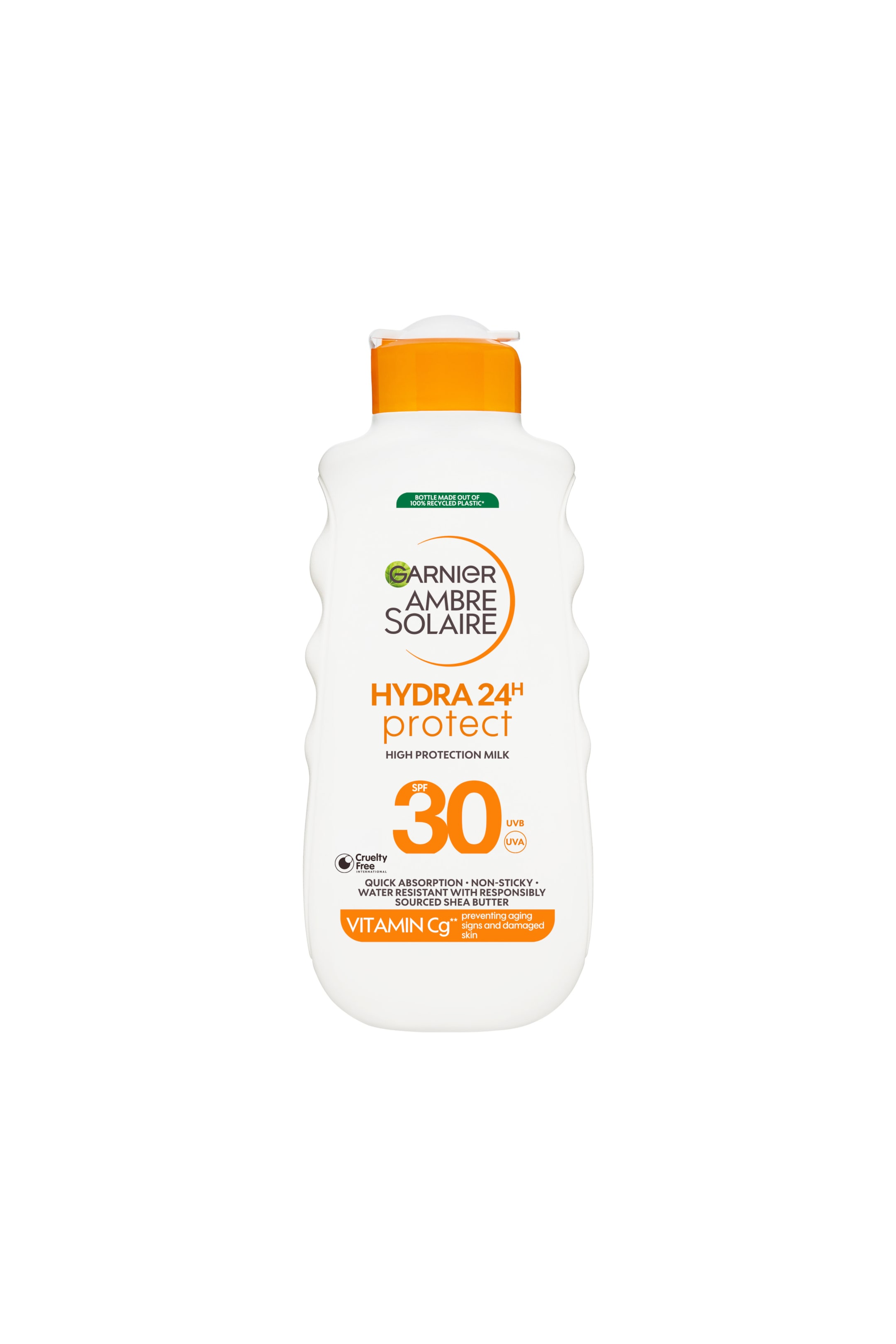 Visa större bild: En vit flaska Garnier Ambre Solaire Hydra 24H Protect solskydd står upprätt och visar upp ett ljusorange flip-top-lock samt profilerade, vågformade sidor. Främre etiketten visar den orange och svarta varumärkesprofilen, en stor orange ”30” som anger SPF, samt text som beskriver dess vattenresistenta och återfuktande formula.