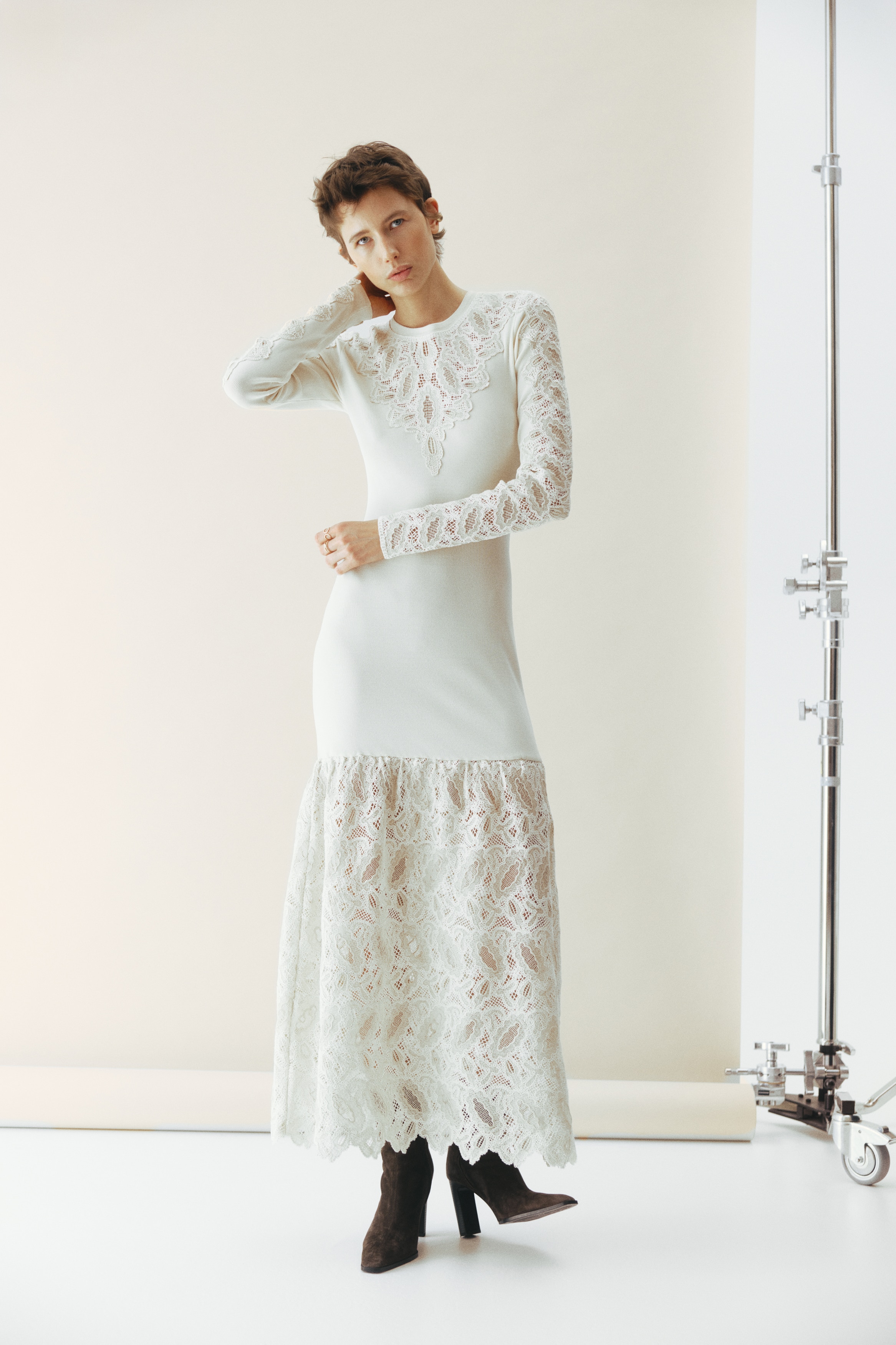 Ribbed Lace-Detail Dress - Light beige Ribbed Lace-Detail Dress - Light beige