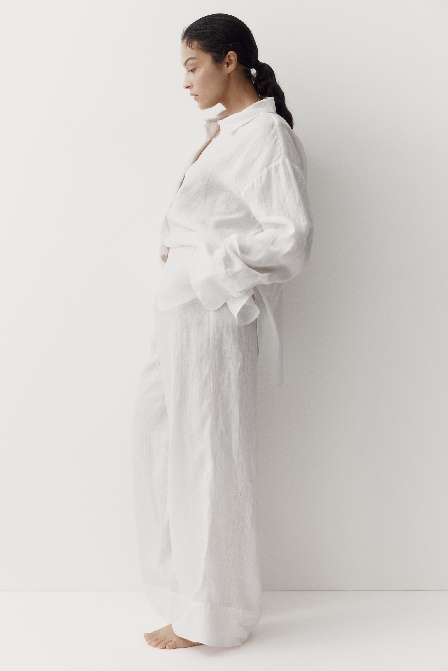 Wide linen trousers - White/Dark brown - 3