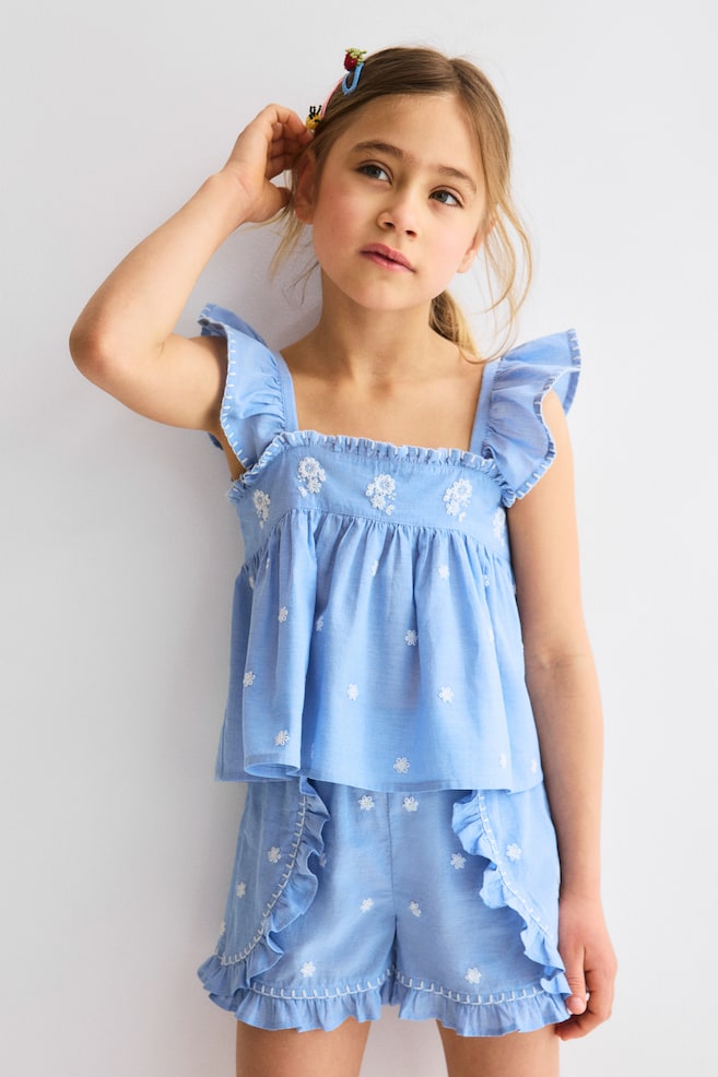 2-piece embroidered cotton set - Light blue/Floral - 2