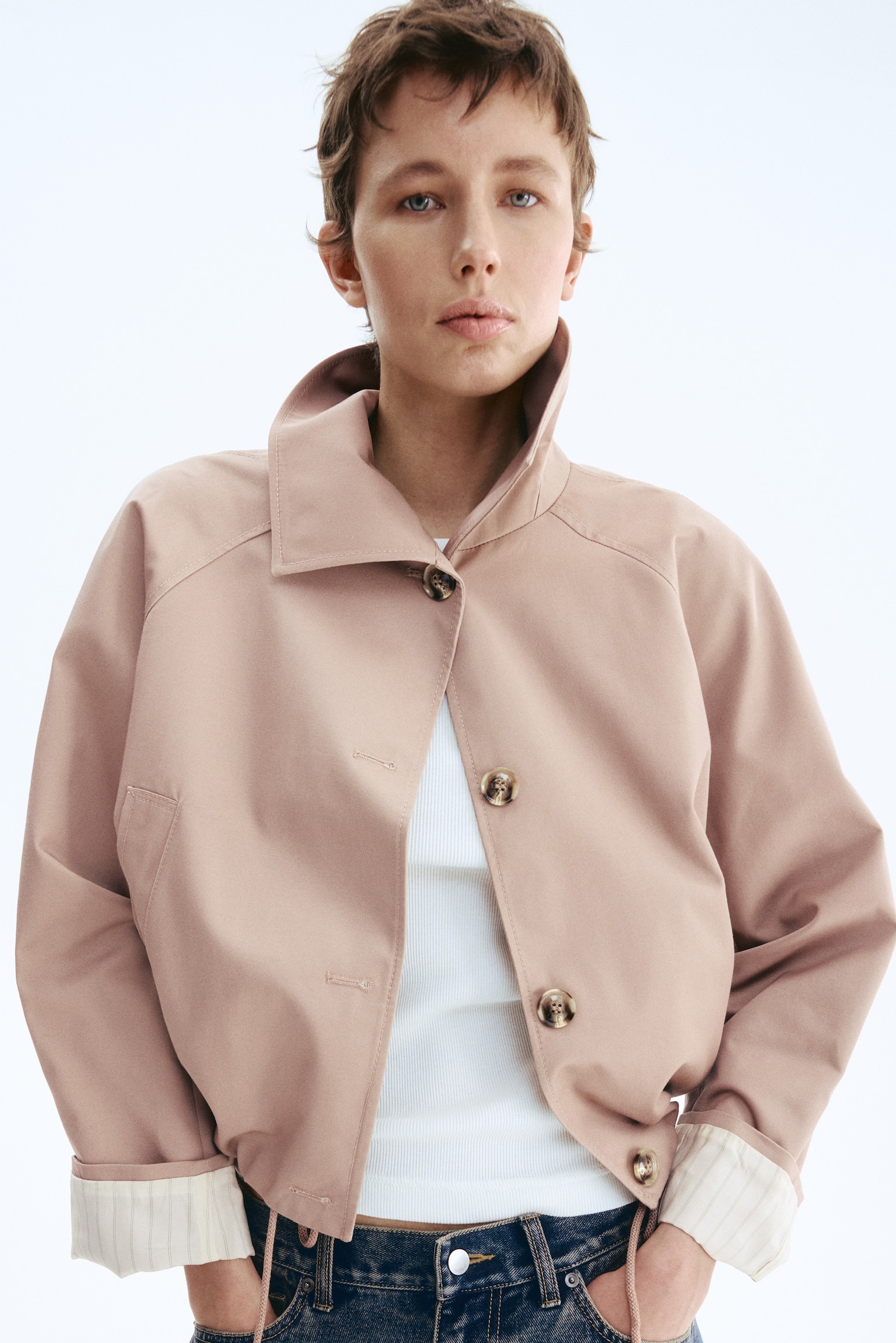 Саржева куртка - Приглушений рожевий/Темно-коричневий/Темно-бежевий - 7