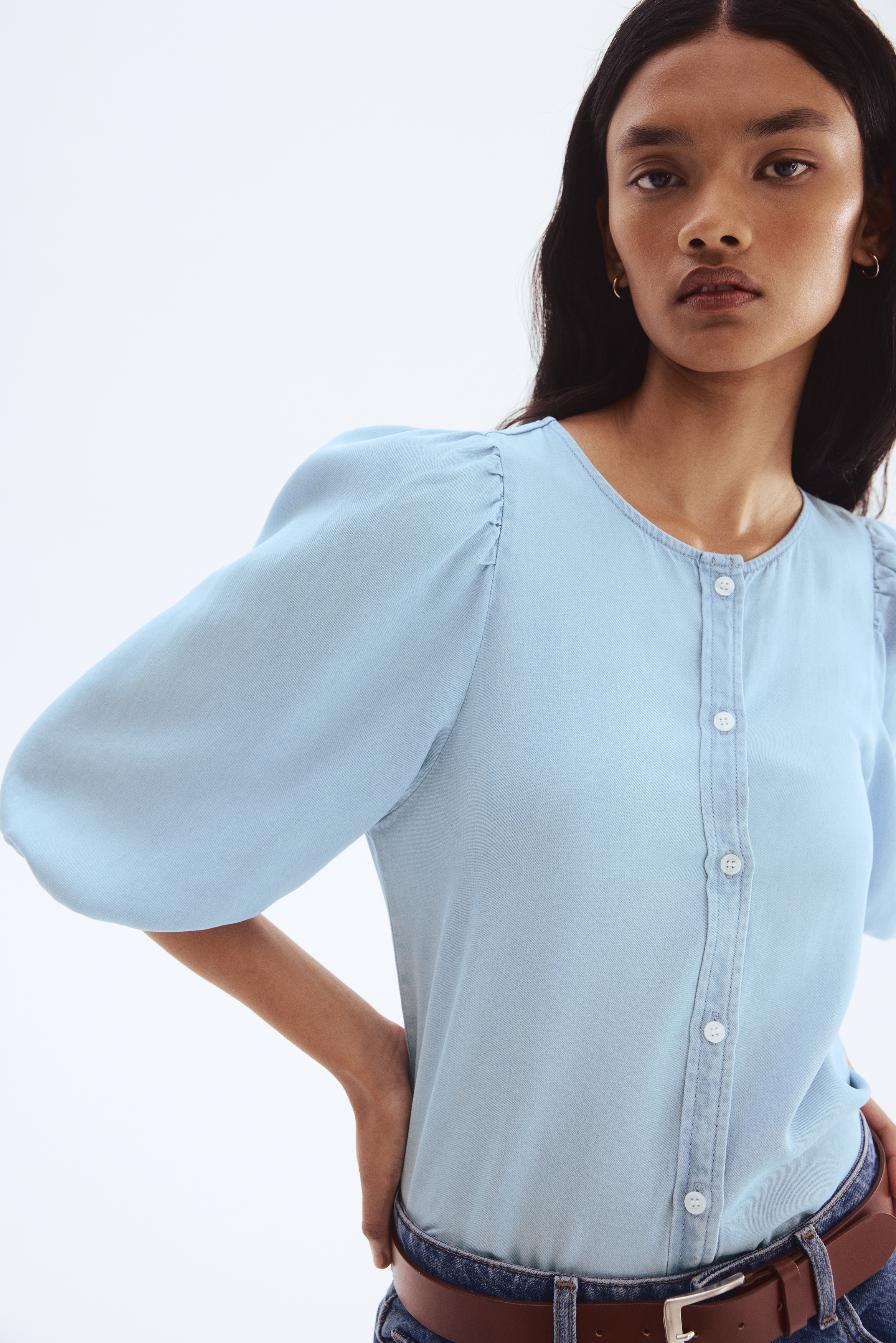 Balloon-Sleeved Denim Blouse - Light denim blue/Denim blue