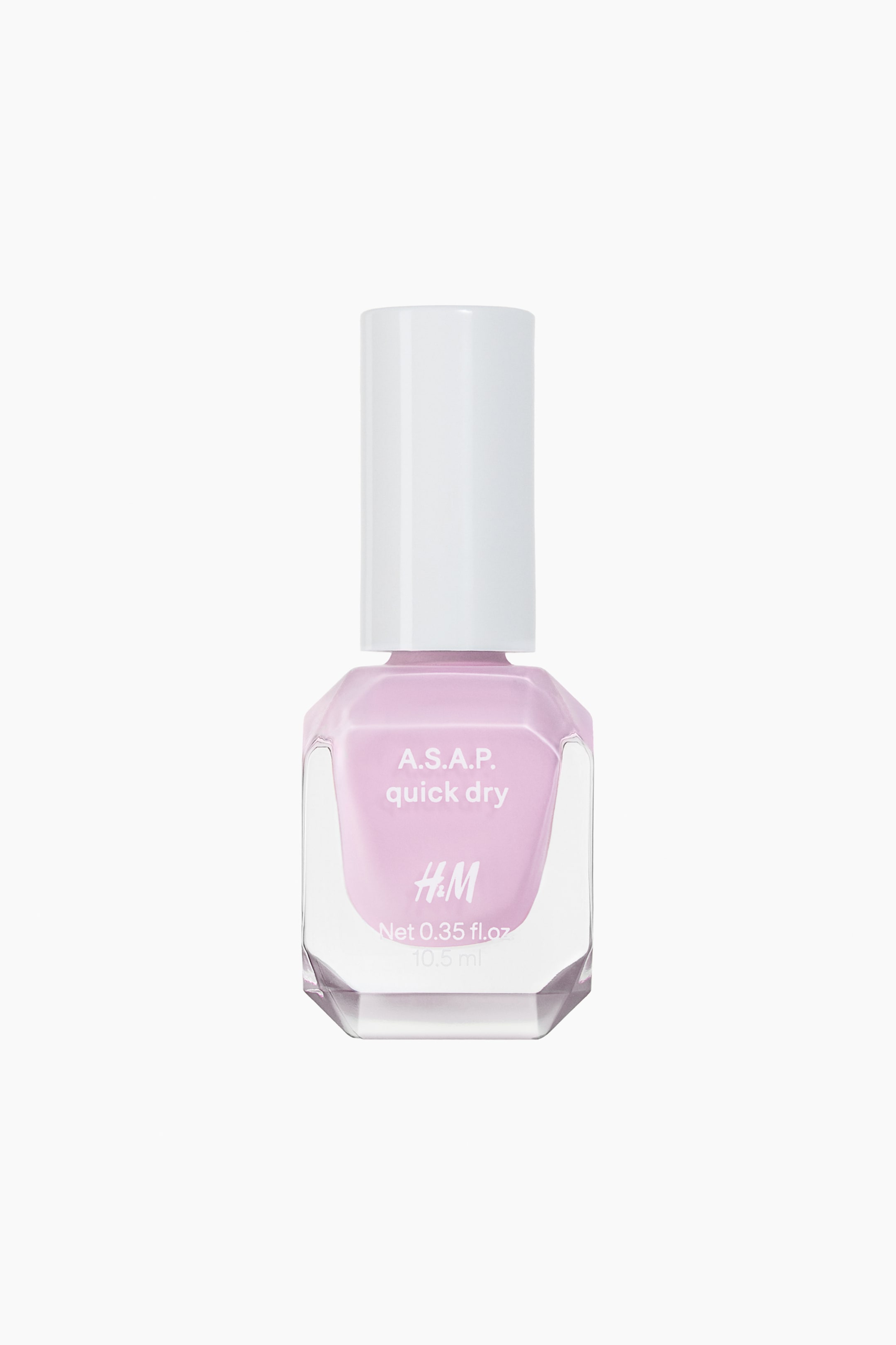 Agrandir l'image: Le vernis à ongles A.S.A.P. Quick Dry se présente dans un flacon en verre transparent et facetté, orienté vers l'avant, contenant un vernis lavande clair. Un bouchon cylindrique blanc coiffe le flacon, et le texte 'A.S.A.P. quick dry', 'H&M', et 'Net 0.35 fl.oz 10.5 ml' est visible sur le devant.