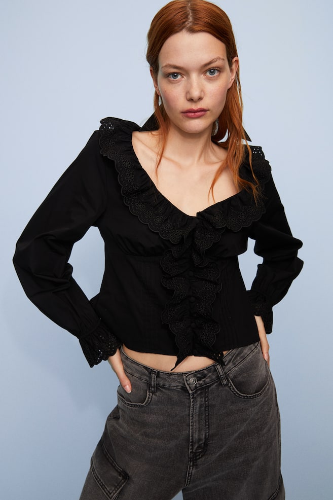 Frill-trimmed poplin blouse - Black/White - 6