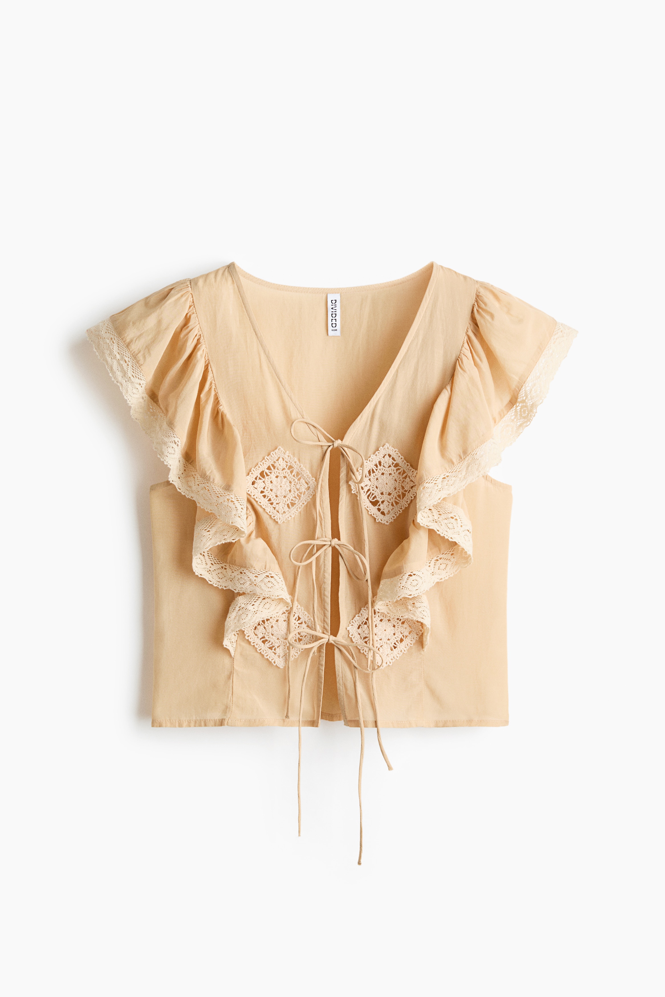 Volantblouse met kanten biesjes - Lichtbeige