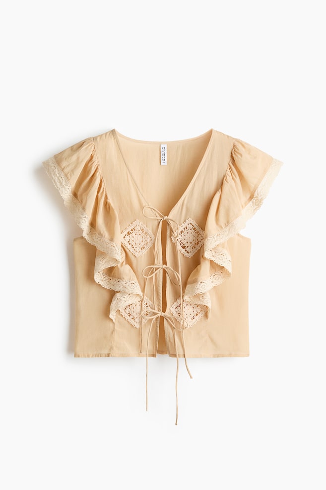 Lace-Trimmed Flounced Blouse - Light beige - 1