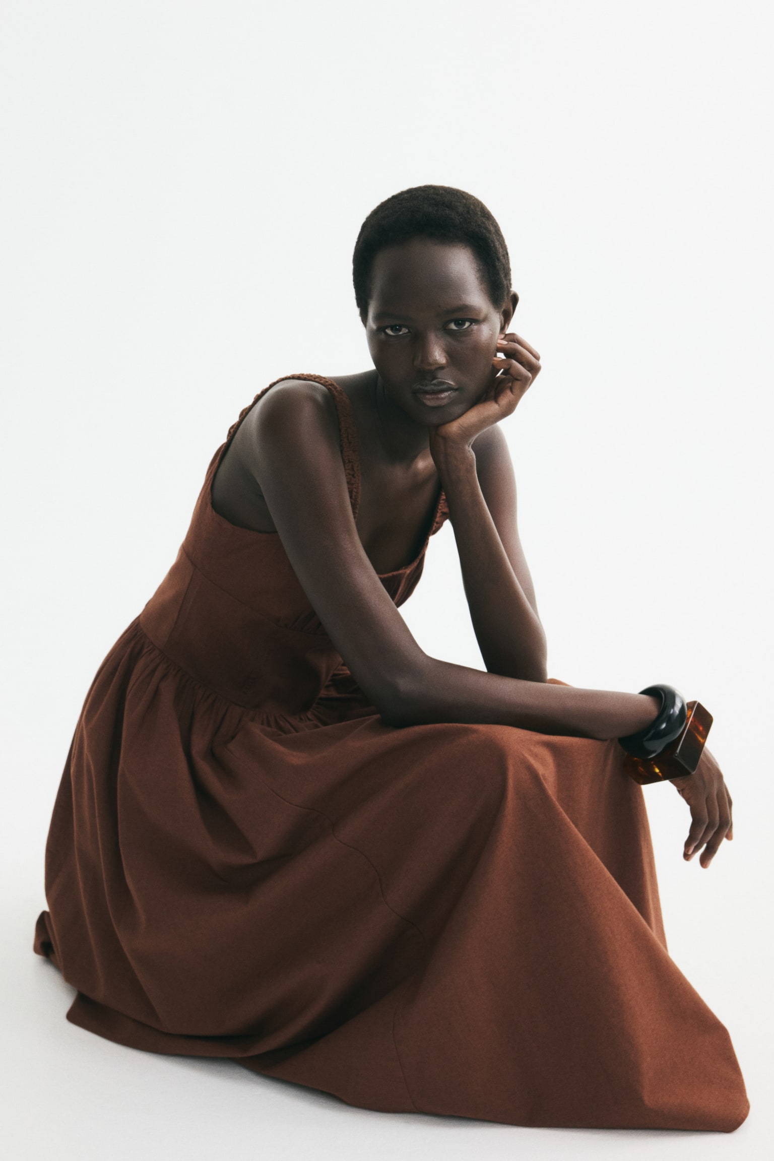 Ruched linen-blend dress - Brown/Red - 1