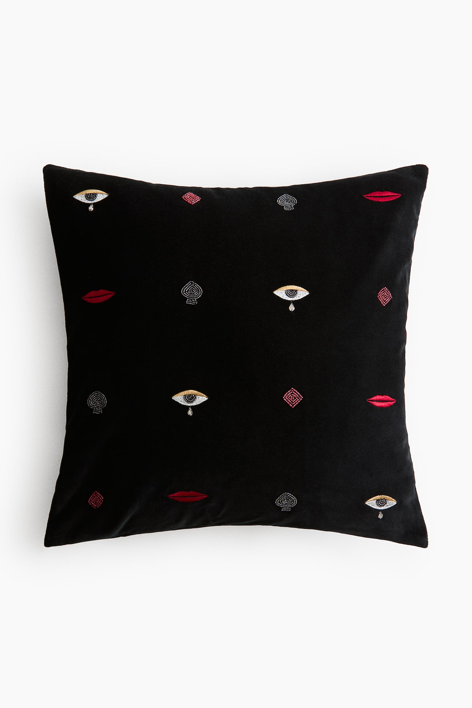Motif-detail velvet cushion cover - Black/Eyes - 1