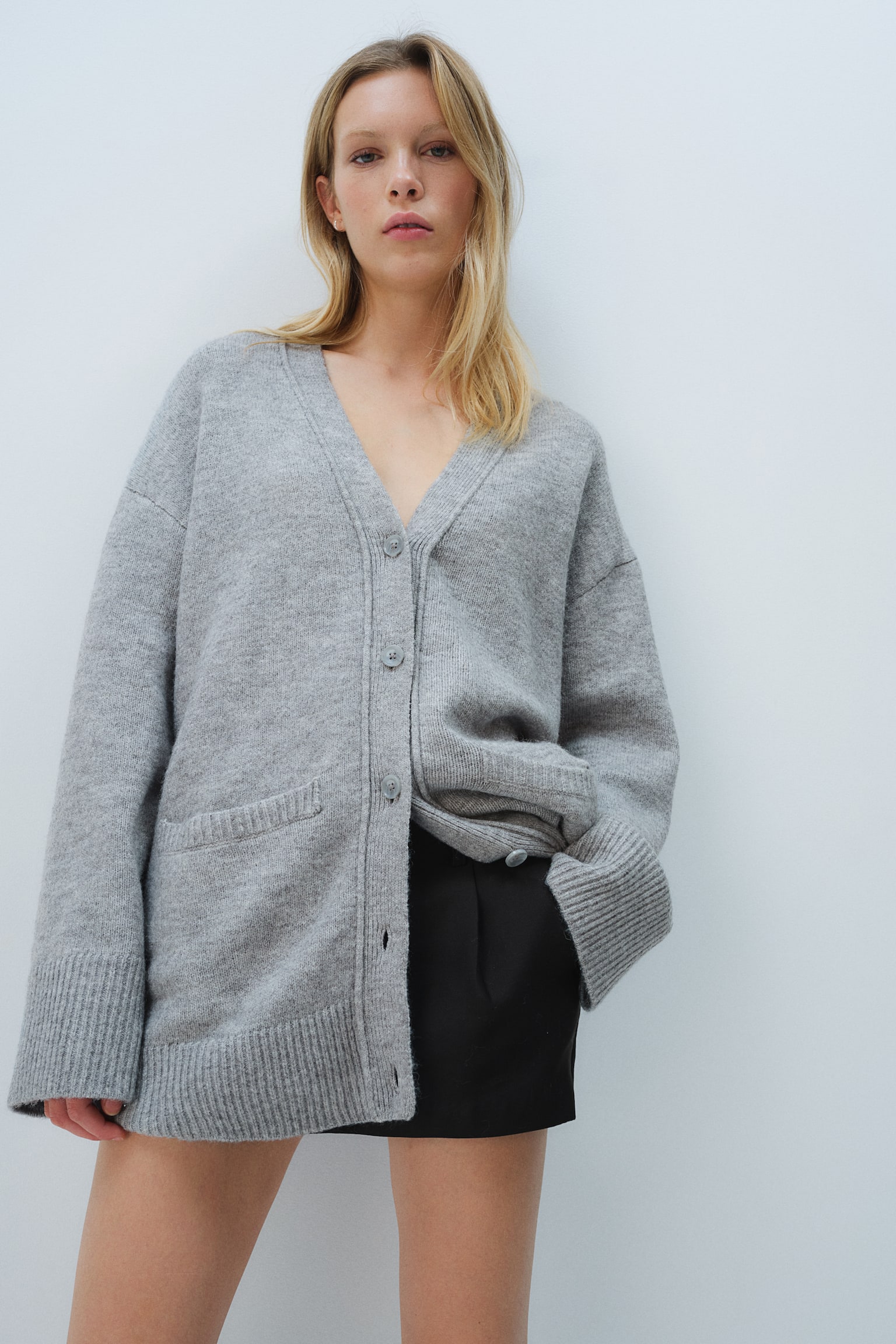 Oversized cardigan - Light grey marl/Light beige marl/Black - 3