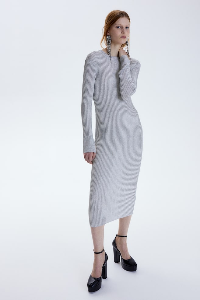 Shimmery Rib-knit Dress - Silver-colored - 5