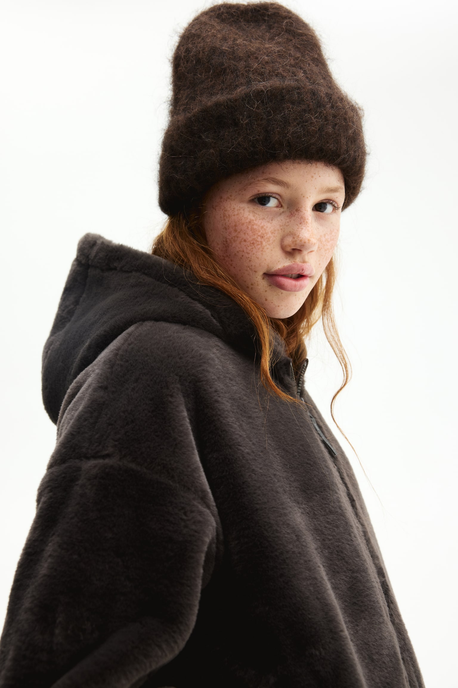 Jachetă de pluș cu fermoar și glugă - Maro-cald/Alb-fildeșiu - 5