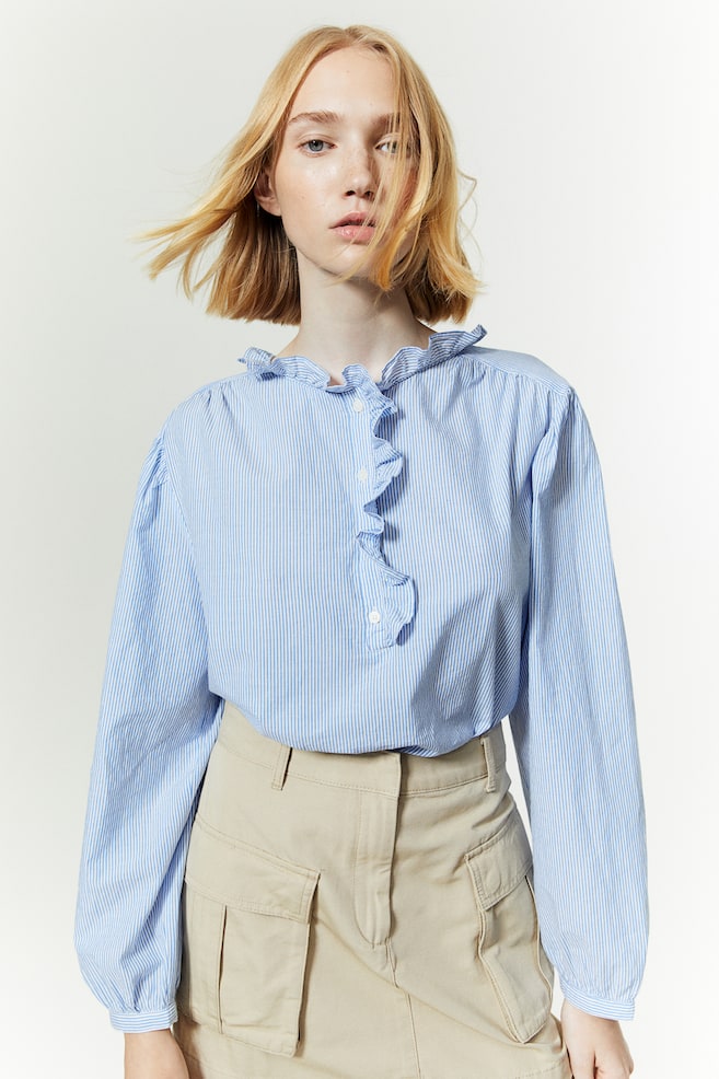 Frill-trimmed pop-over blouse - Blue/Striped/Cream/Black - 1