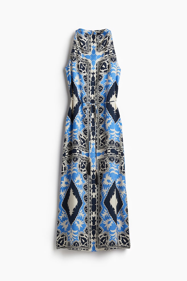 Vestido con cinturón de anudar - Crema/Estampado azul - 1