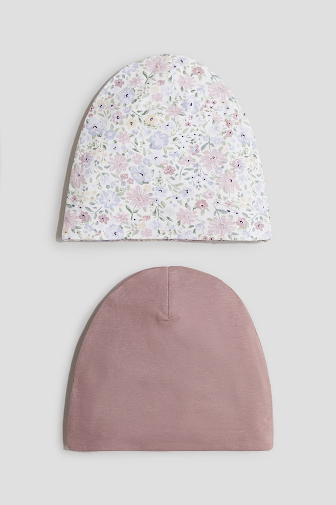 2-pack Cotton Beanies - Dusty pink/floral/Dark gray/dotted - 1