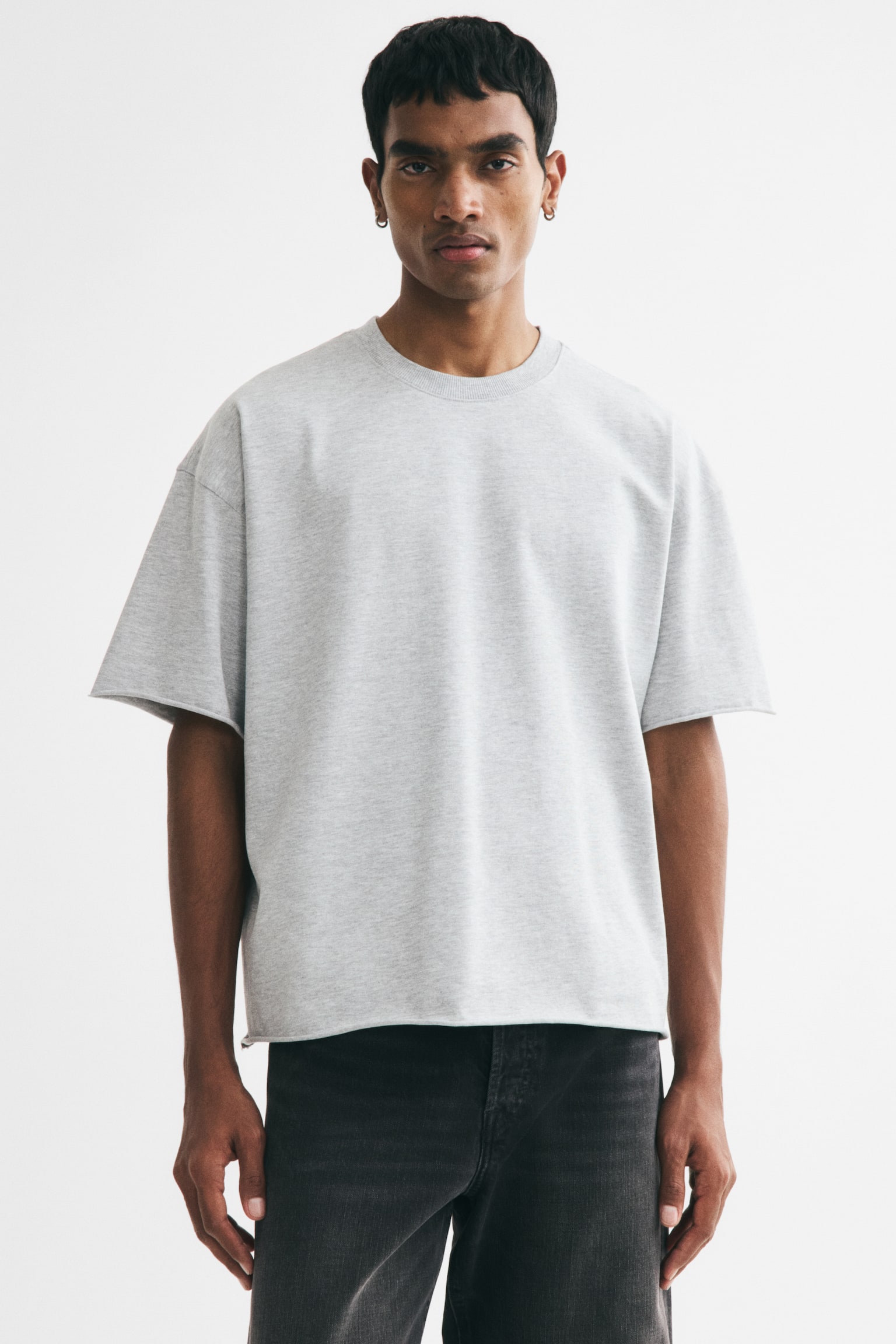 加大碼方形剪裁T恤 - Light grey marl/Black/Cream - 1