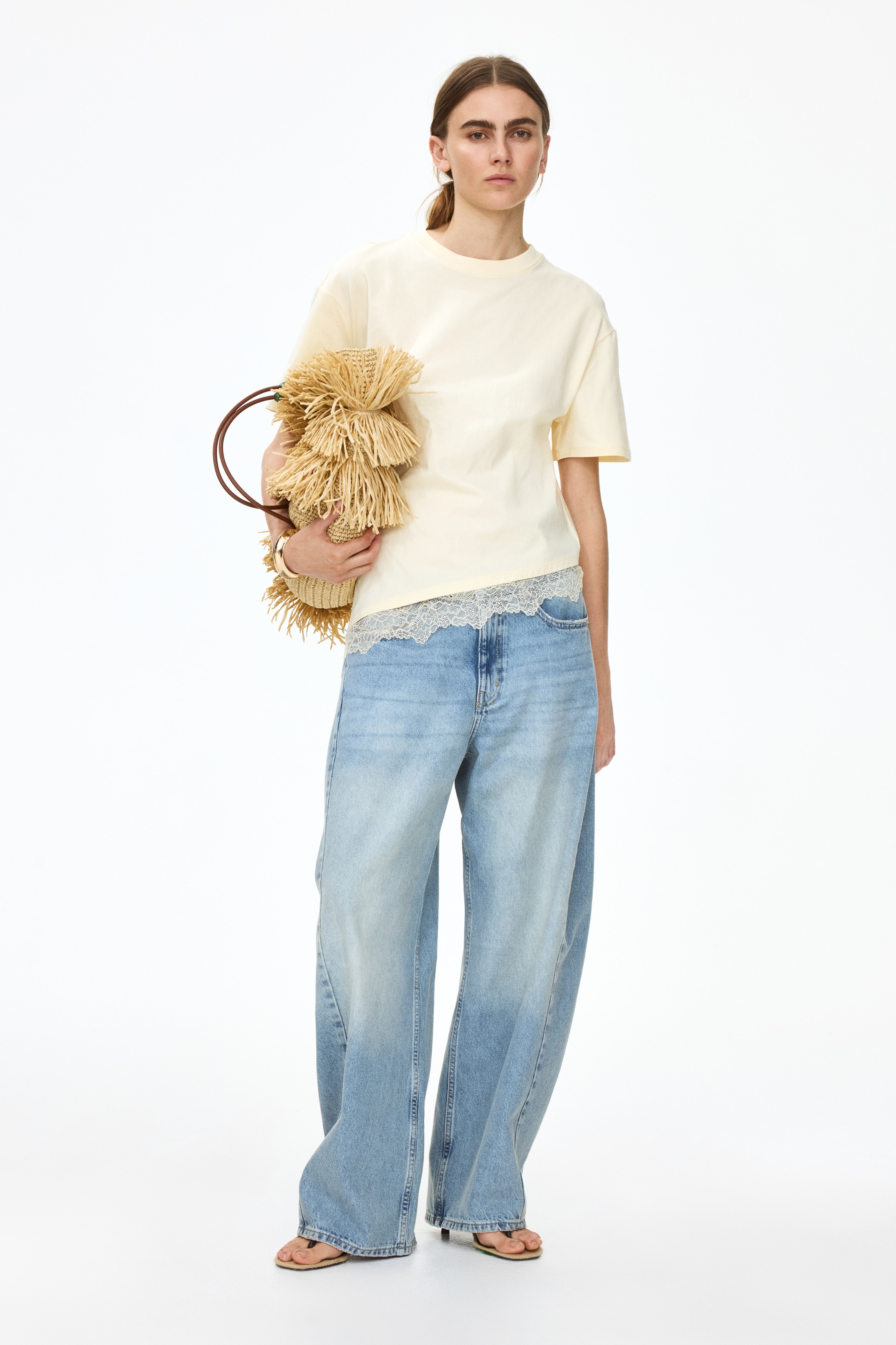 Asymmetric lace-trimmed T-shirt