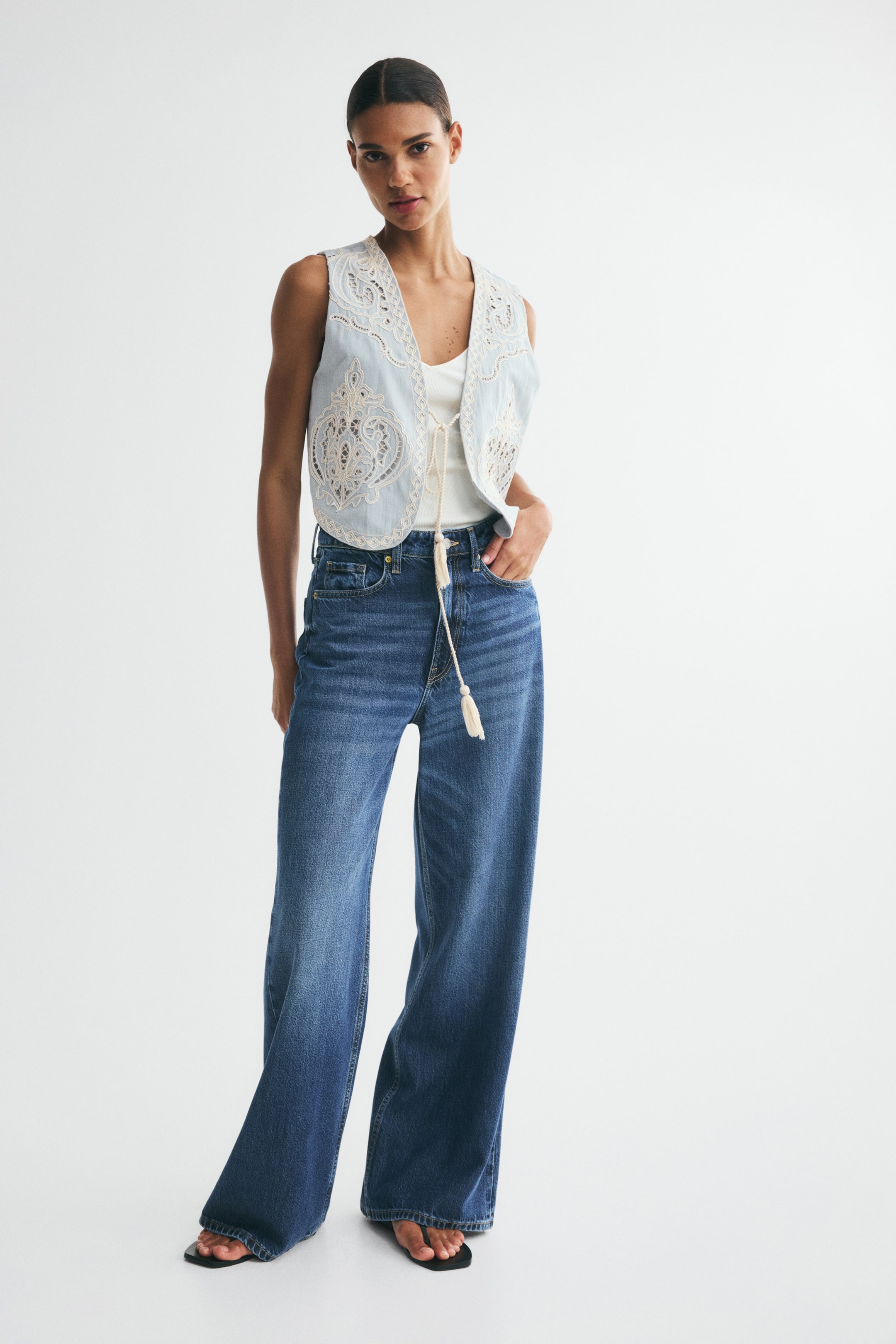Linen-Blend Vest with Eyelet Embroidery