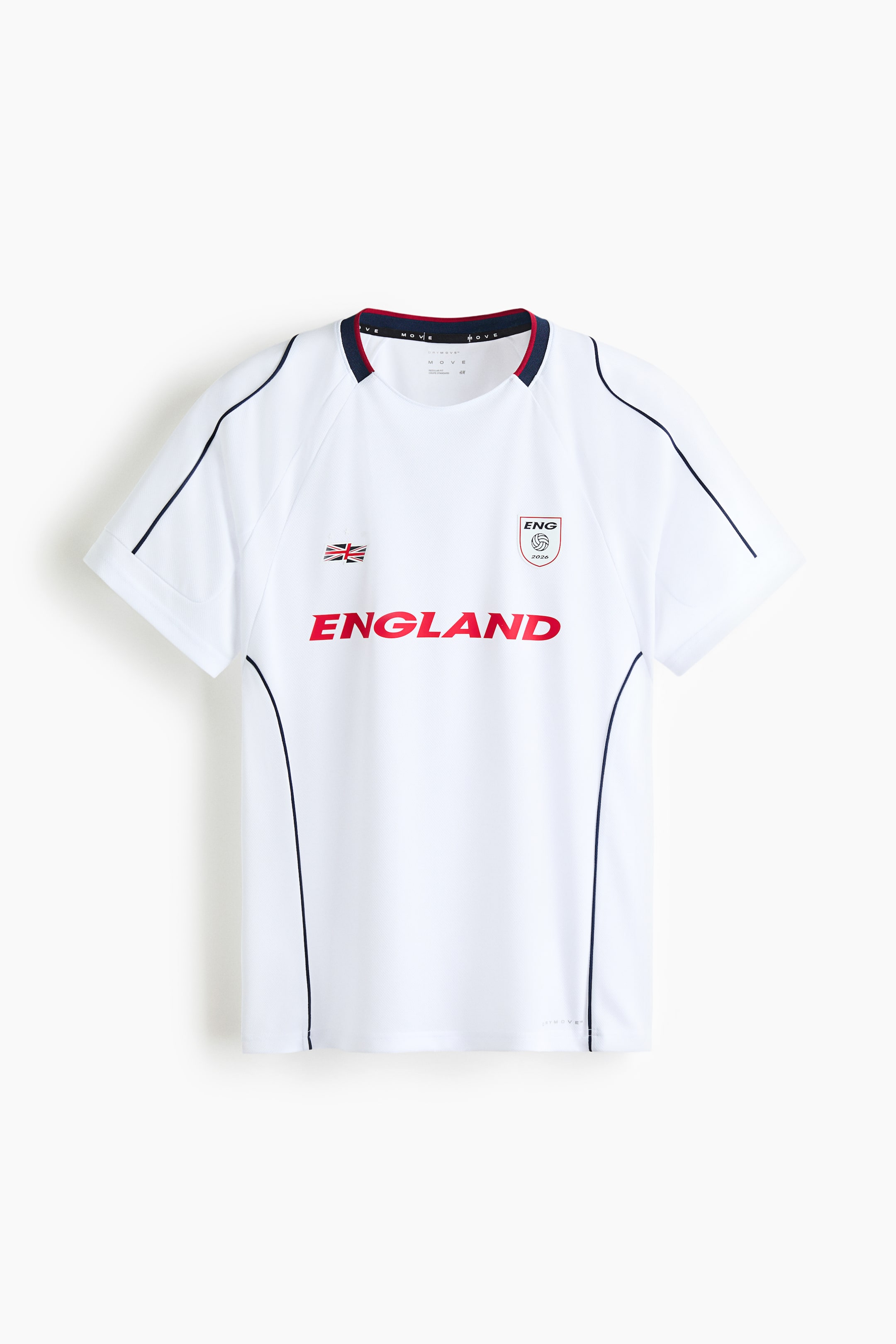 View larger image: A white short-sleeved sports jersey is shown from the front, featuring a round neck with navy and red trim. Dark blue piping runs along the raglan seams and sides, with a Union Jack flag logo, a shield-shaped badge displaying "ENG" and "2024," and "ENGLAND" in red lettering on the chest.